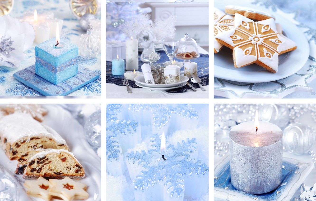 Wallpaper holiday, blue, collage, new year, candles, cookies
