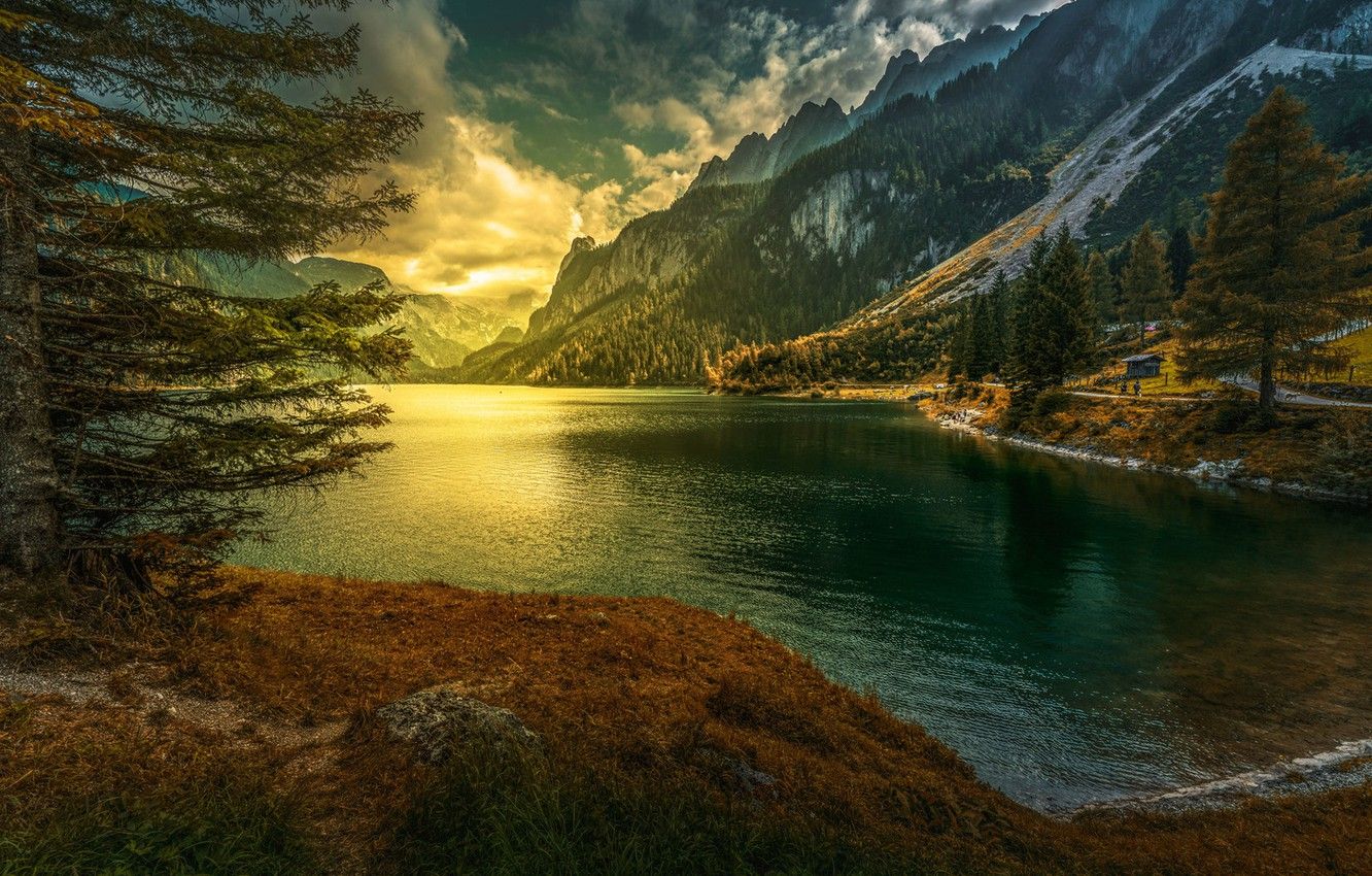 Wallpaper sunset, mountains, lake, Austria, Alps, Austria, Alps, Gosau, Gosau, Vorderer Gosausee, Gosau Lake, Lake Gosau image for desktop, section пейзажи