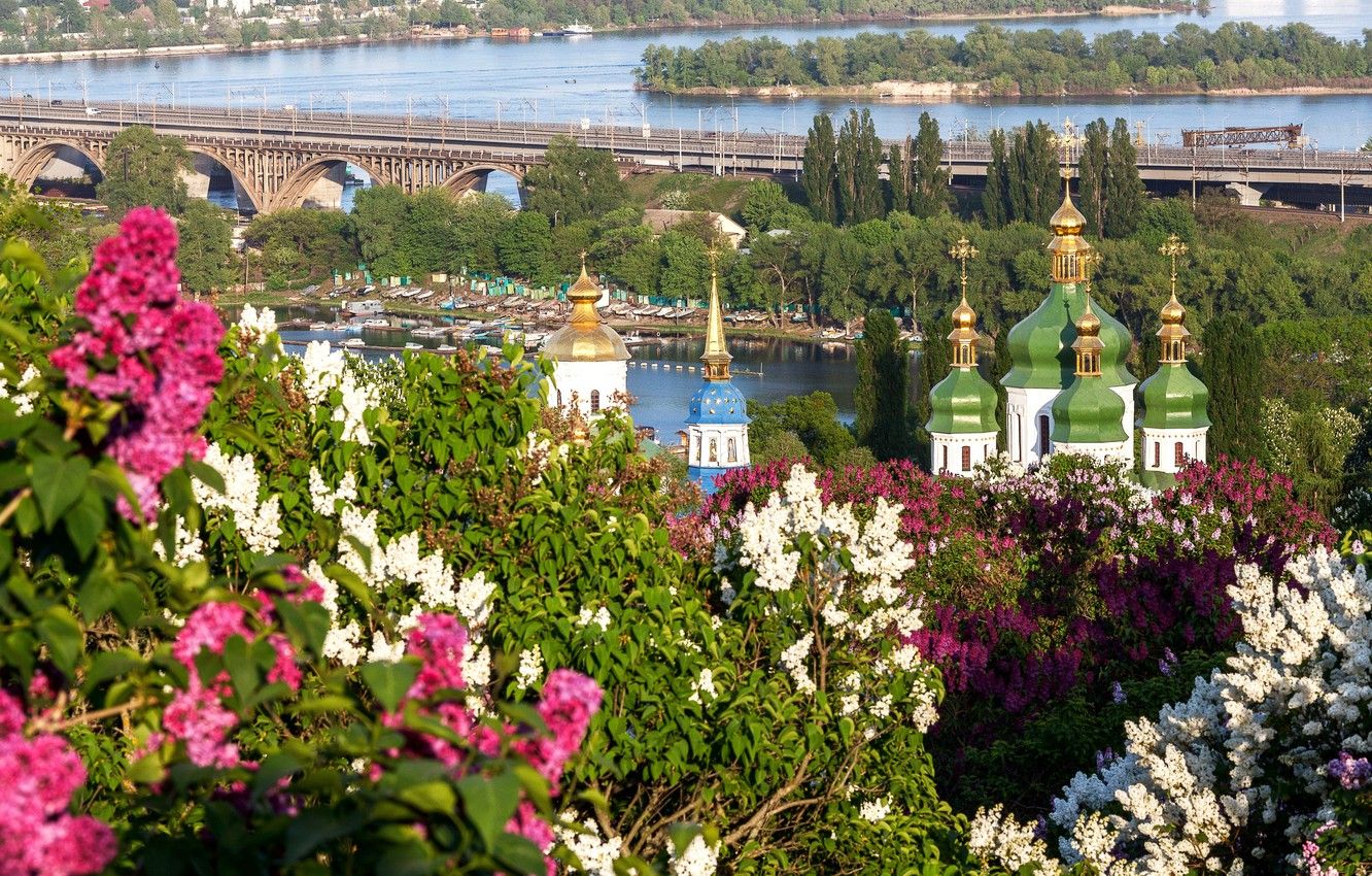Wallpaper bridge, spring, panorama, temple, lilac, Kiev, Dnepr