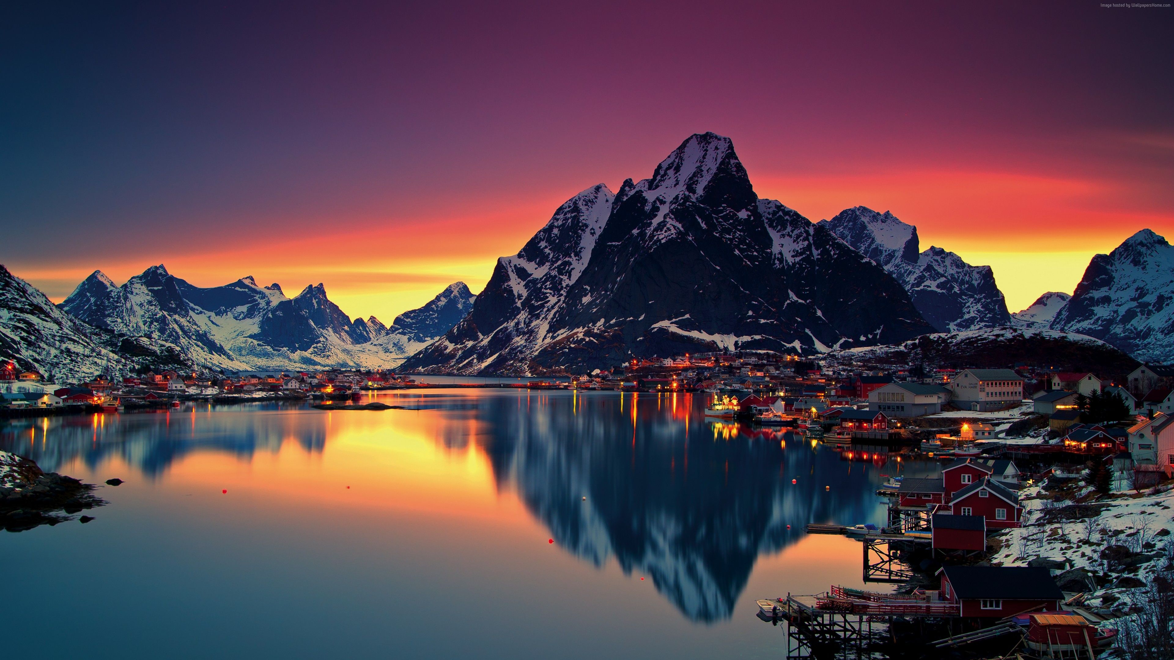 Wallpaper Norway, Lofoten islands, Europe, Mountains, sea, sunrise