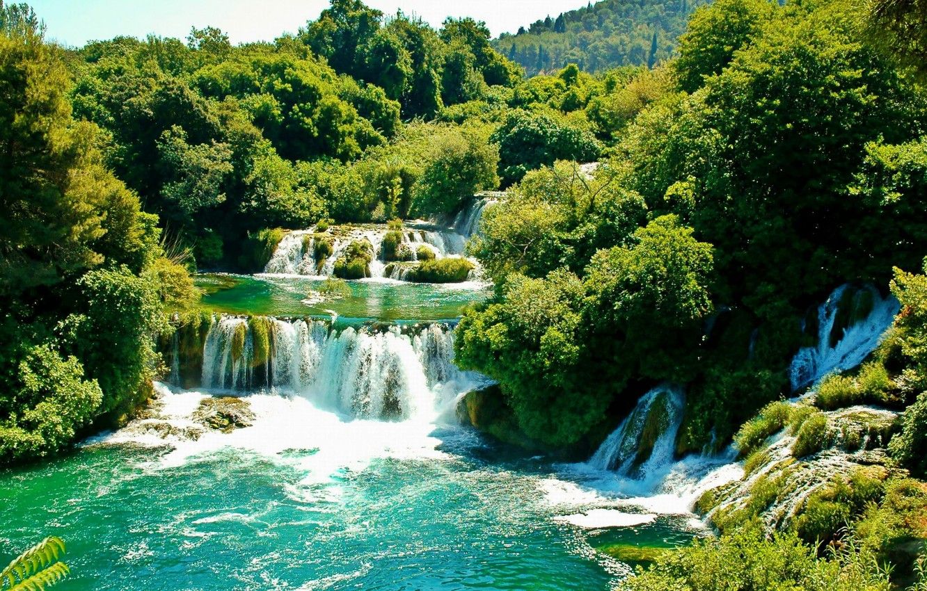 Wallpaper greens, trees, waterfall, Sunny, Croatia, Croatia, Krka National Park image for desktop, section пейзажи