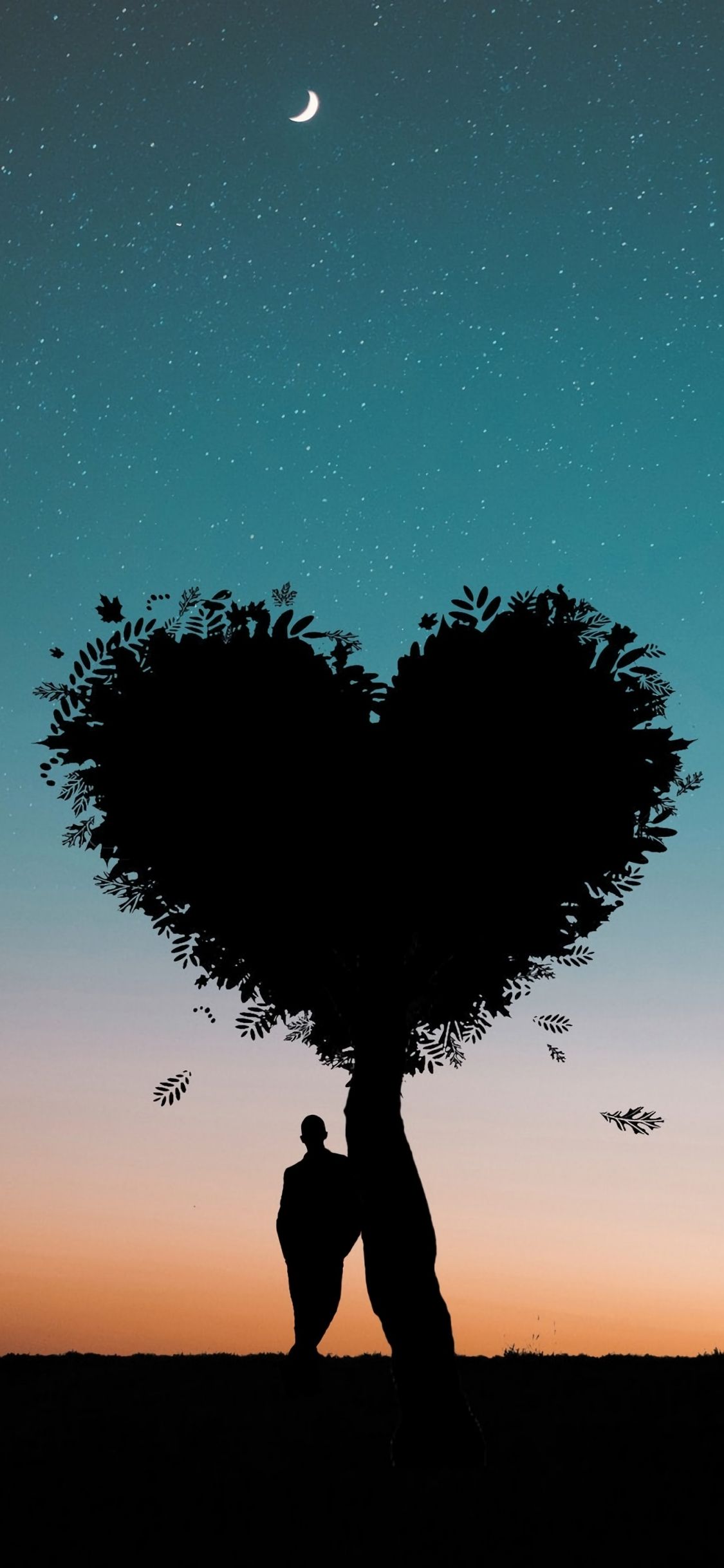 Download 1125x2436 wallpaper silhouette, sunset, heart shape, tree