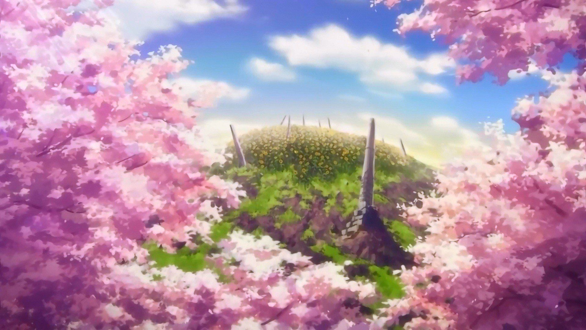 clouds, Cherry, Blossoms, Hills, Anime, Cherry, Tree, Sun, Rays
