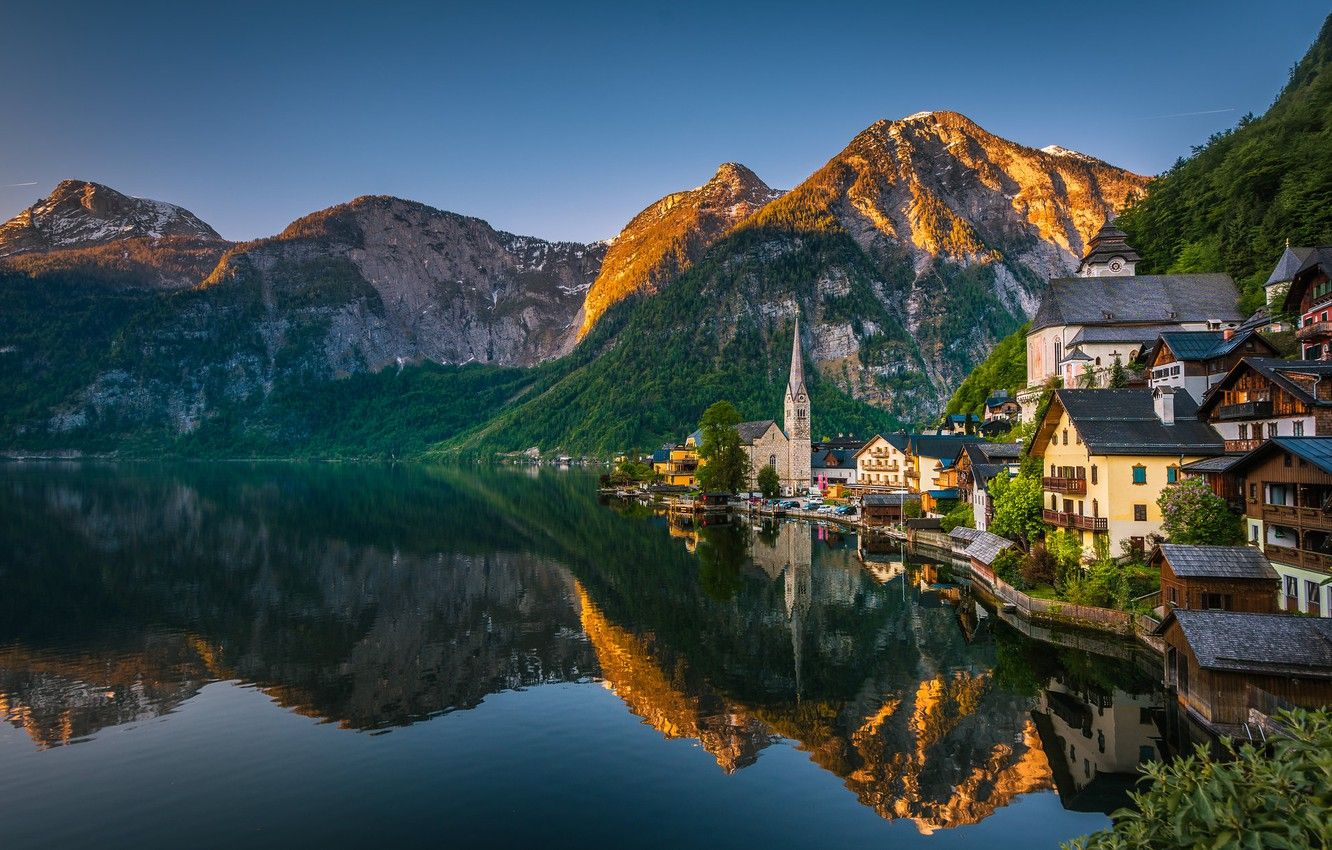 Wallpaper mountains, lake, reflection, building, home, Austria
