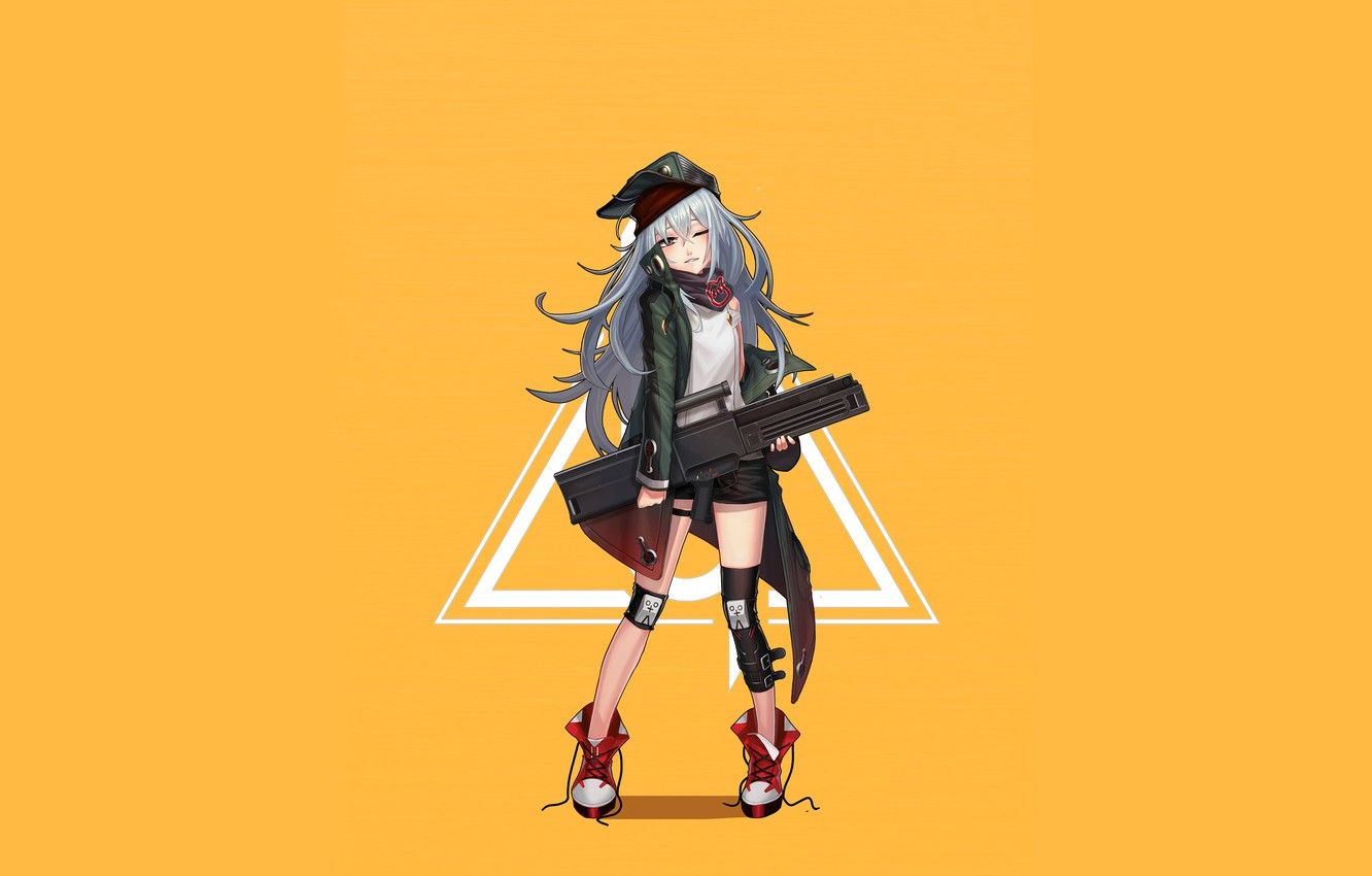 Wallpaper girl, weapons, anime, art, cap, yellow background, knee