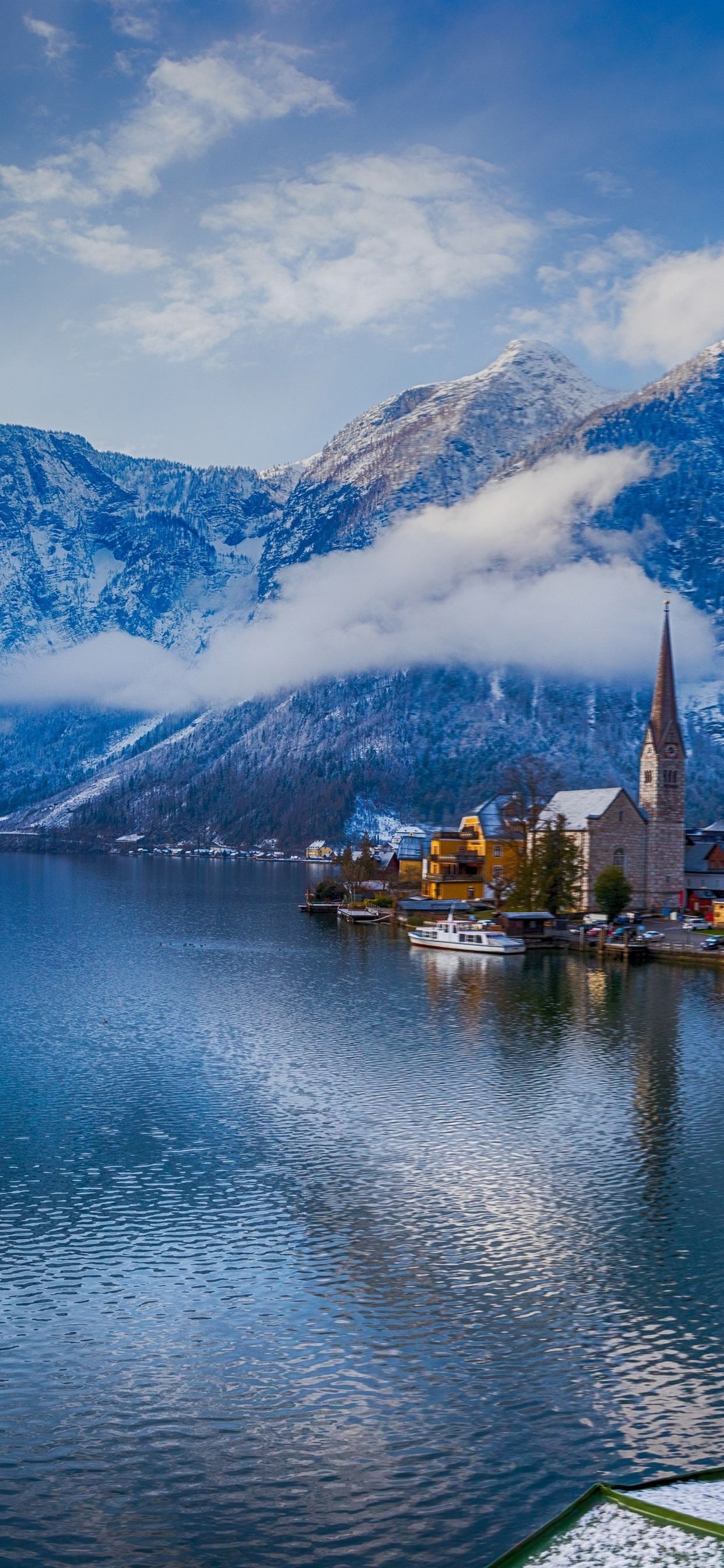 Austria, Hallstatt, Alps, lake, promenade, panoramic 1242x2688