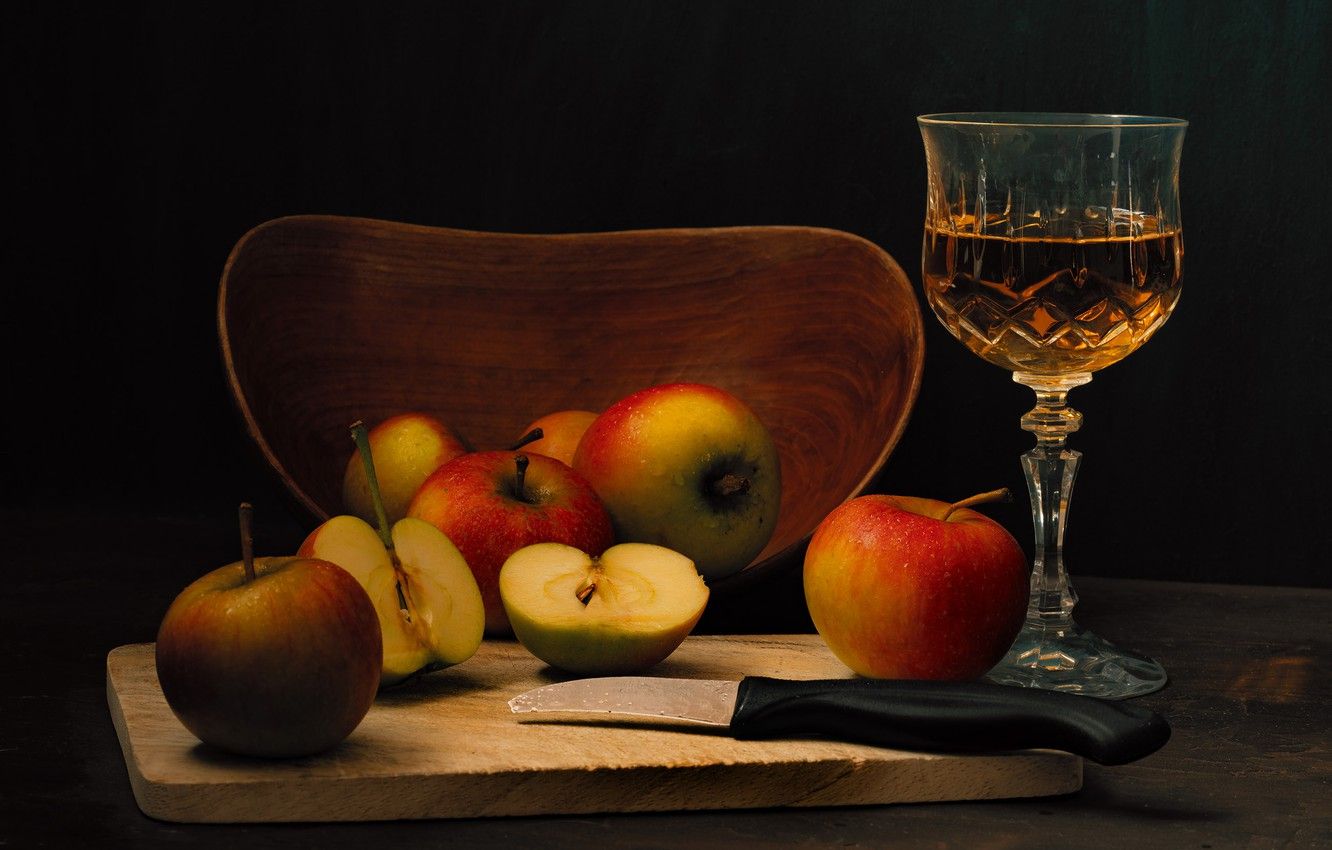 Wallpaper the dark background, wine, apples, glass, food, alcohol