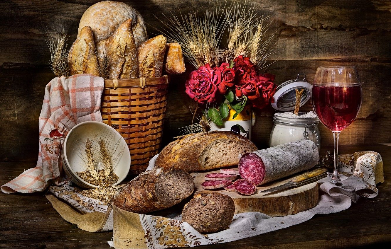 Wallpaper flowers, the dark background, wine, Board, glass, rye