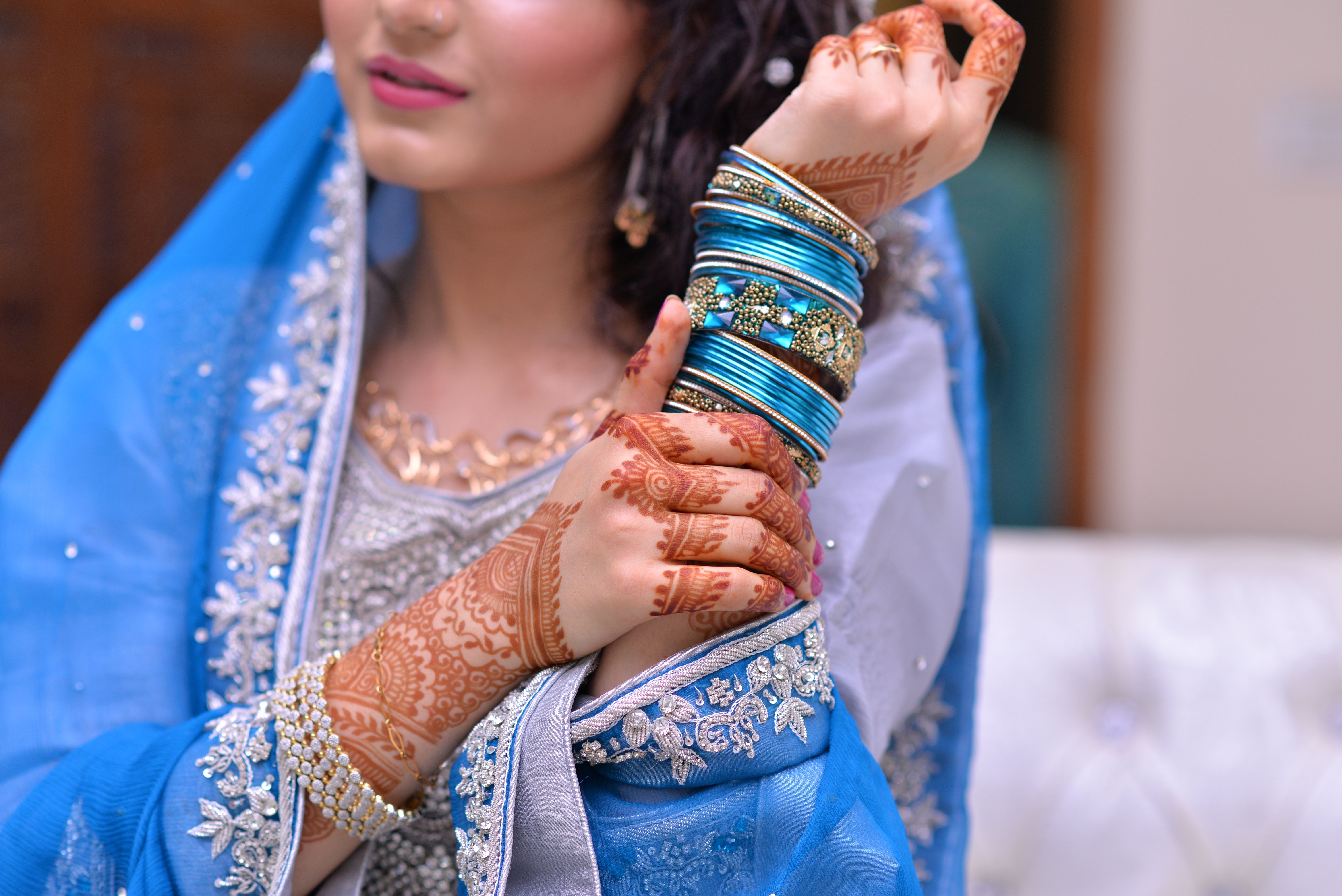 Woman Wearing Blue Traditional Indian Dress and Silk Thread