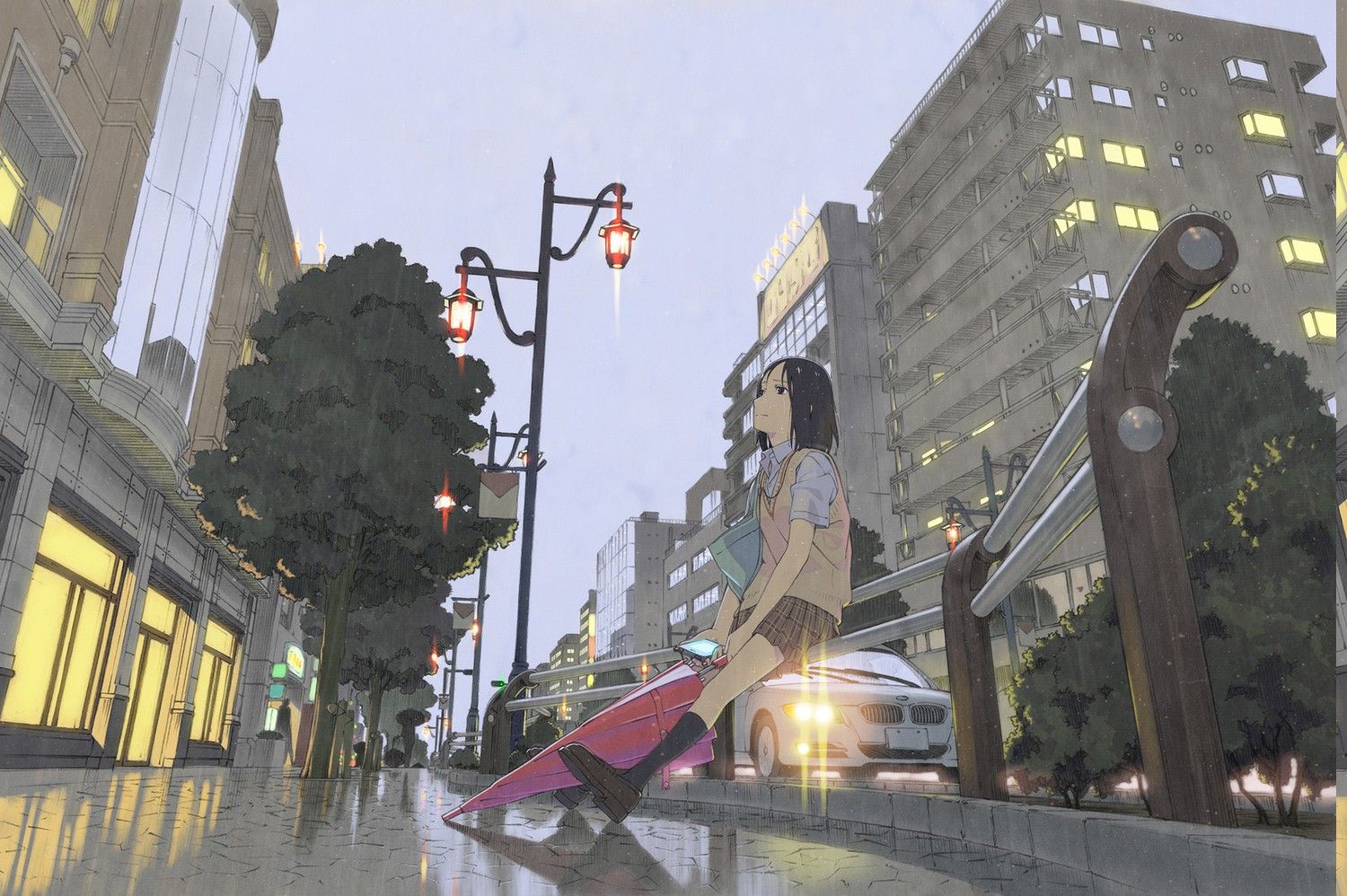 umbrella, Rain, City, Schoolgirls, Alone, Waiting, Anime, Anime