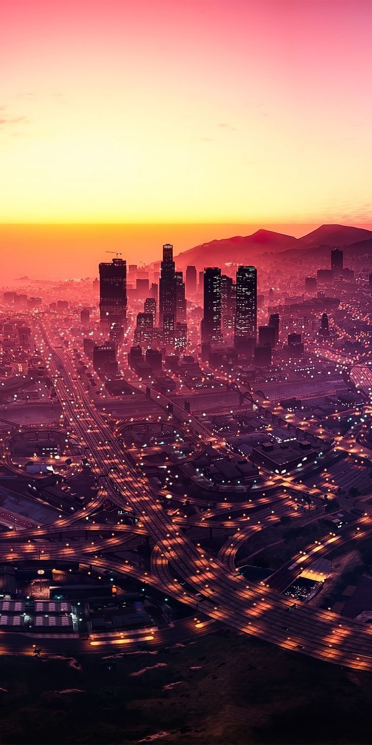 Los Santos, GTA V, cityscape, sunset, game Wallpaper. Rockstar