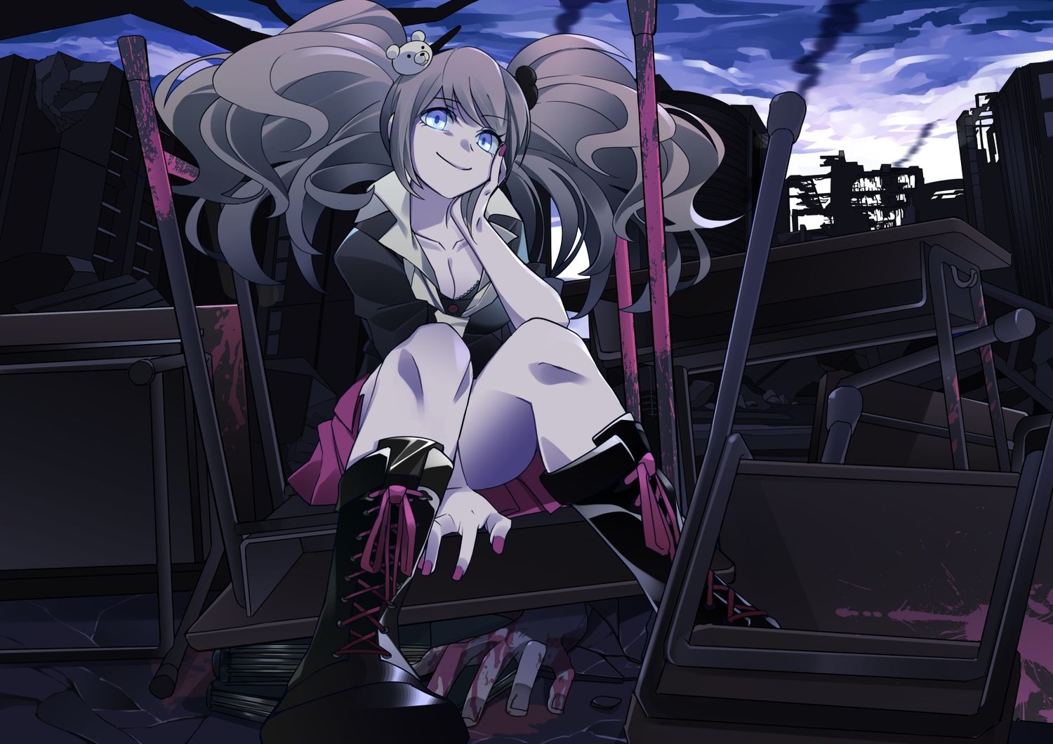 Blood Blue Eyes Boots Dangan Ronpa Enoshima Junko Long Hair Ruins