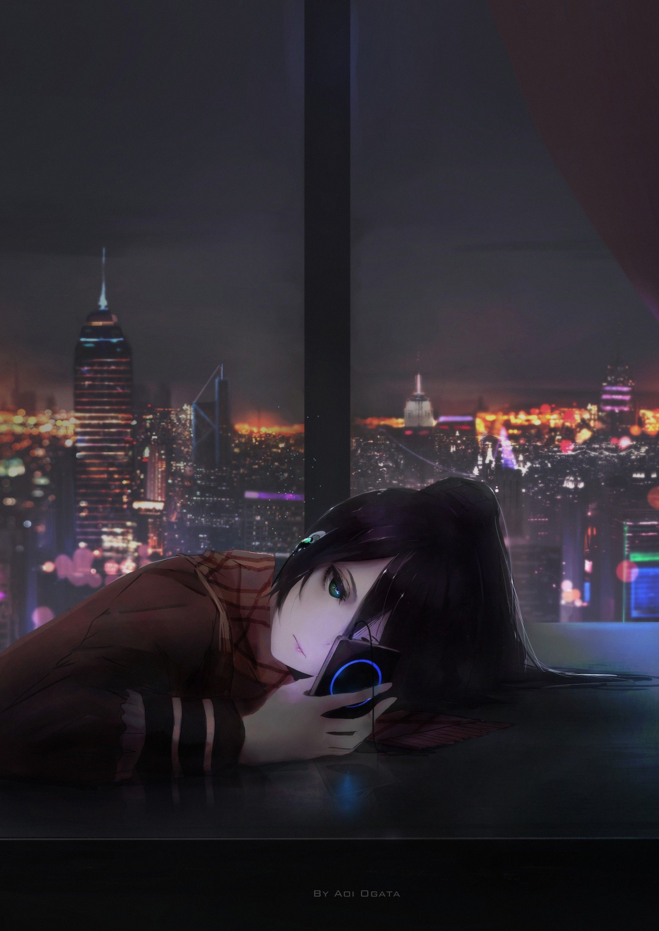 Download 2148x3035 Anime Girl, Depressed, Cityscape, Music, Scarf