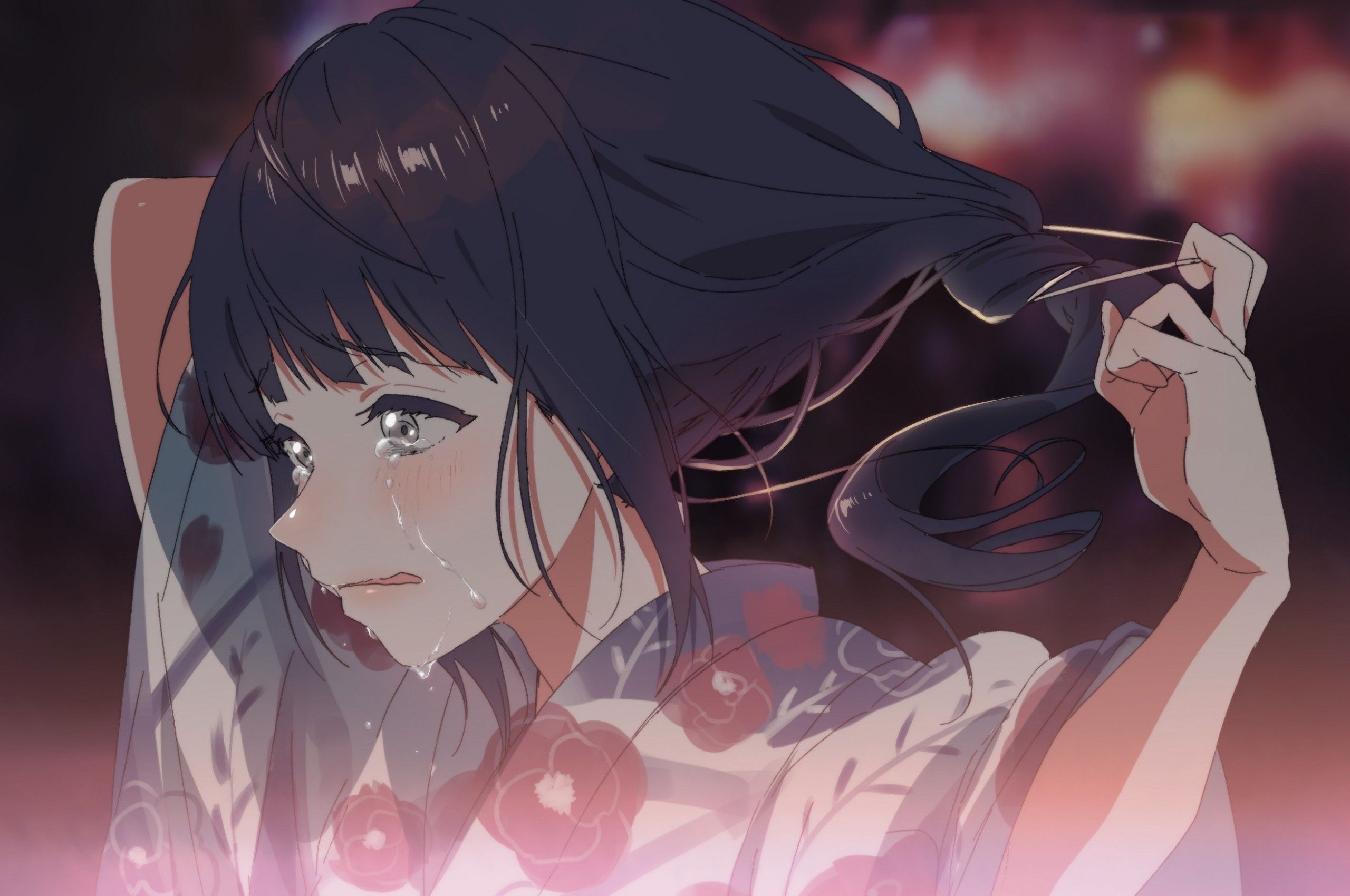 Download 2560x1700 Anime Girl, Crying, Kimono, Ponytail, Tears