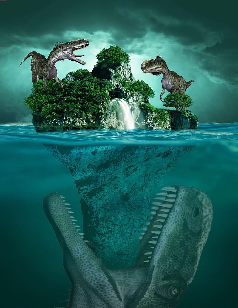 HD wallpaper: dinosaurs on island illustration, sea, ocean, sky