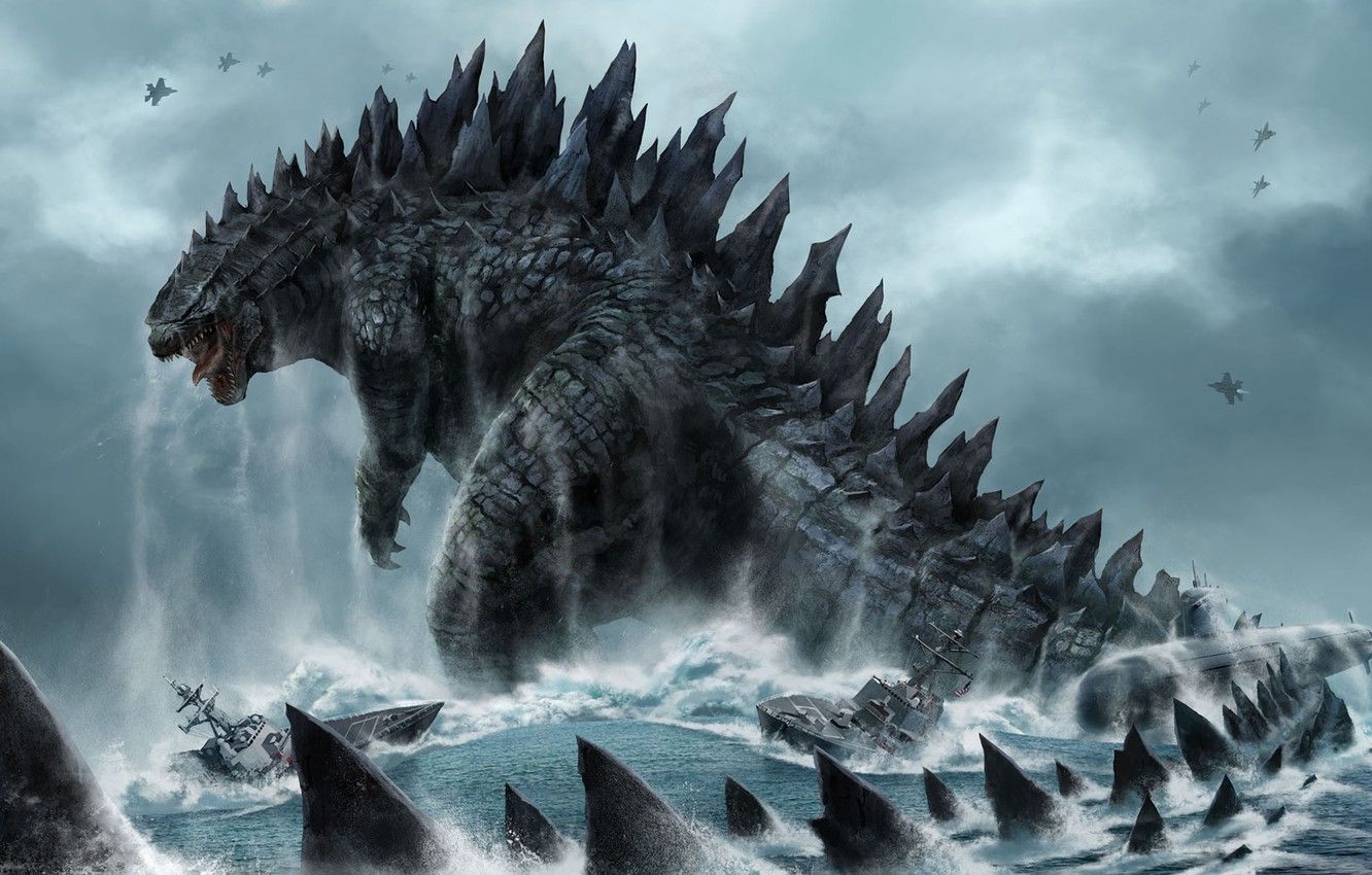 Wallpaper sea, wave, the sky, monster, dinosaur, ships, fighters