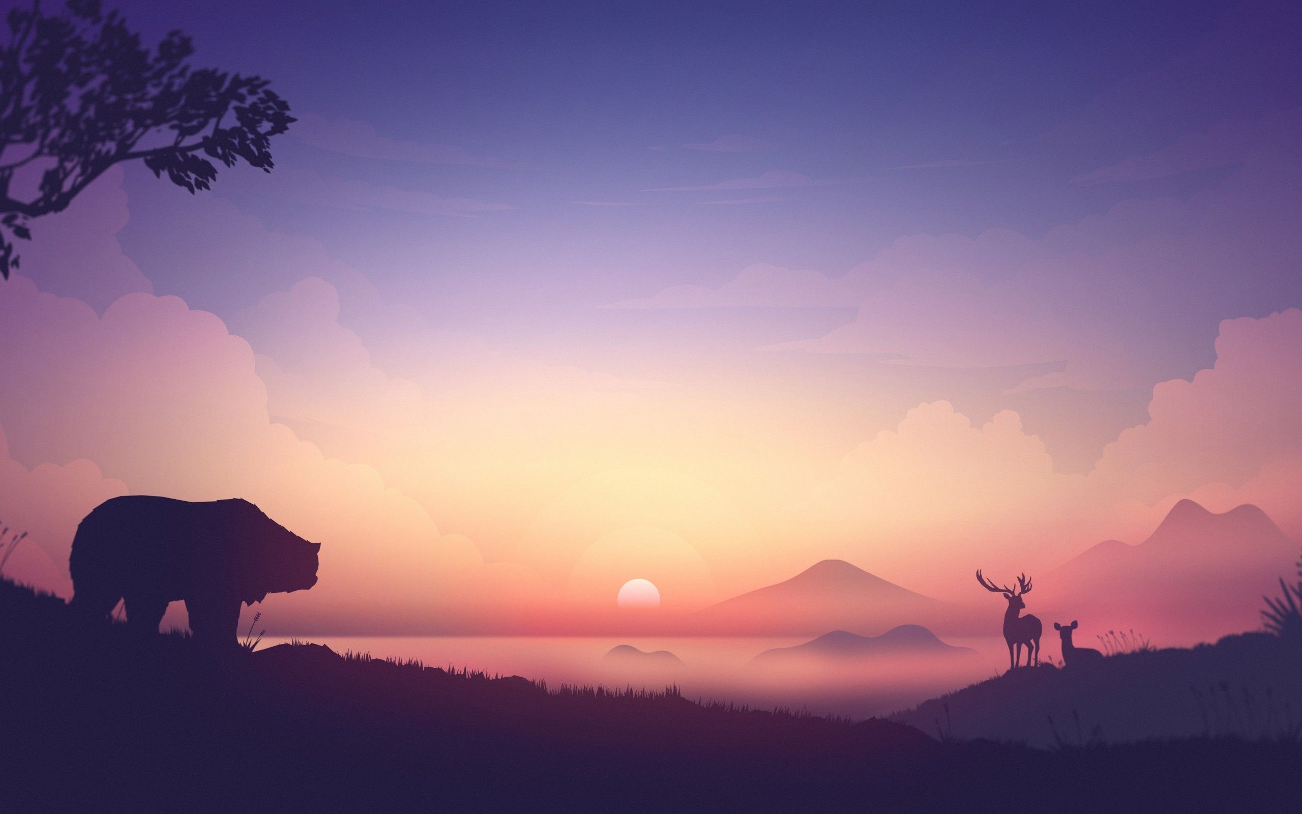 Download 2560x1600 Bear, Deers, Minimalistic, Sunrise, Landscape