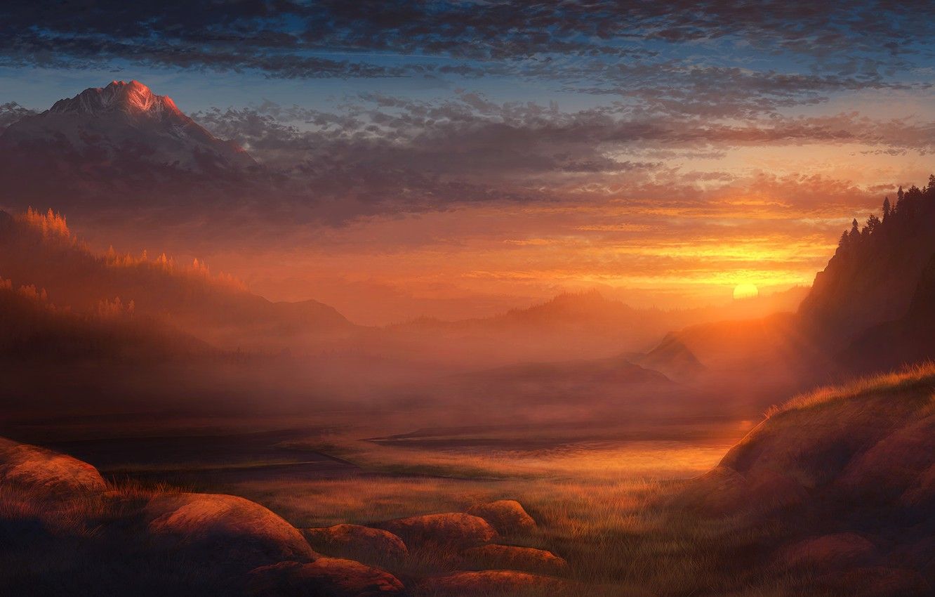 Wallpaper Sunset, Clouds, Mountains, Sunrise, Lake, Mountain