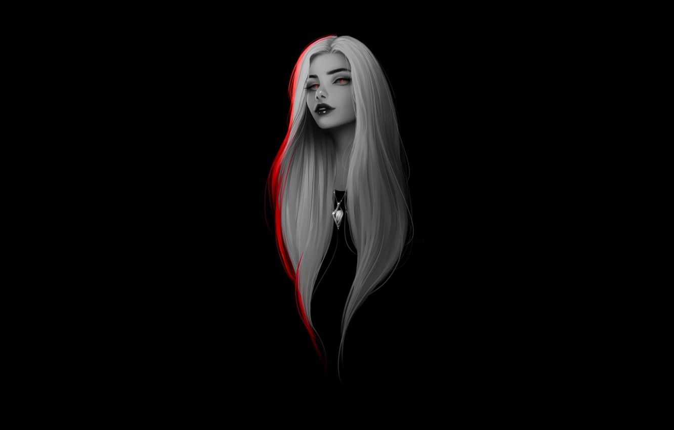 Wallpaper Girl, dark, long hair, minimalism, red eyes, artwork, black background, necklace, white hair, simple background image for desktop, section минимализм