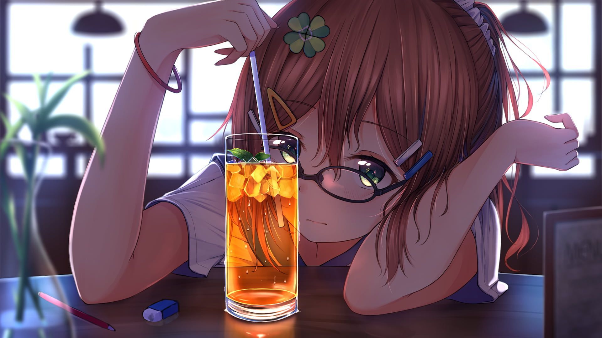 anime girl drinking a glass of water