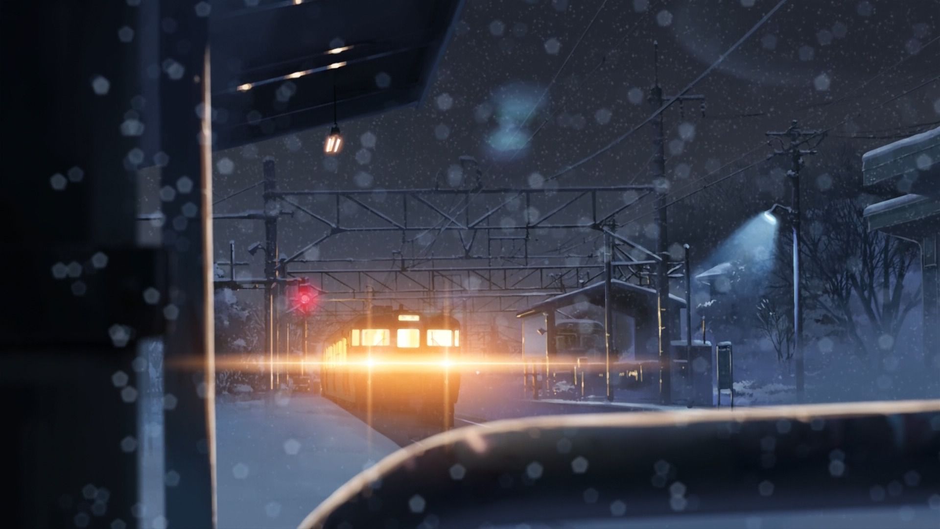 anime, 5 Centimeters Per Second, Winter, Snow, Train, Lights, Night, Bokeh Wallpaper HD / Desktop and Mobile Background