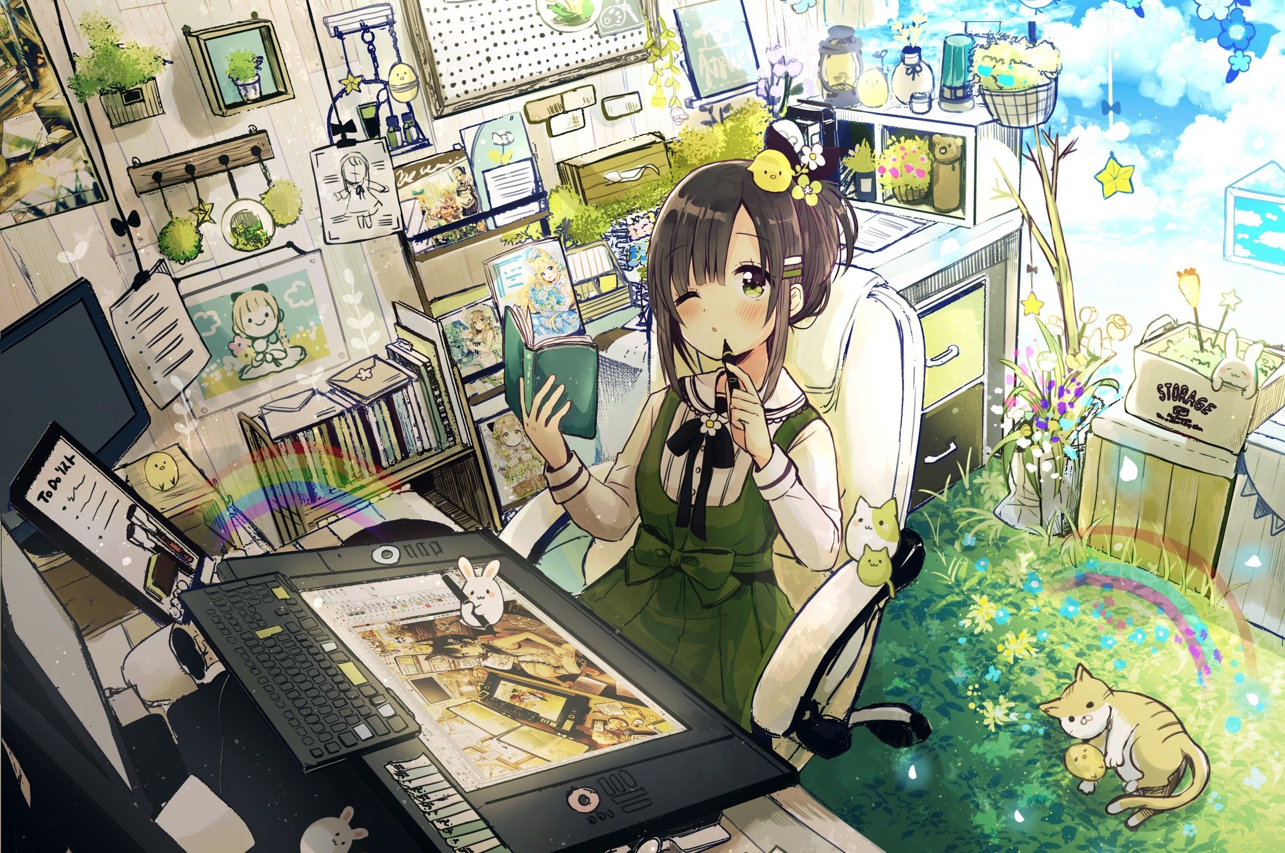 Download 2560x1700 Anime Room, Artist, Drawing, Anime Girl, Closed