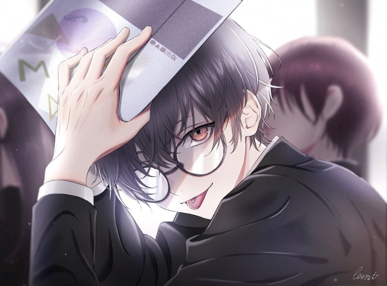 anime boys #Male tongue out pierced tongue #glasses black hair dark hair #books #classroom school uniform brown. Anime glasses boy, Anime boy hair, Cute anime boy