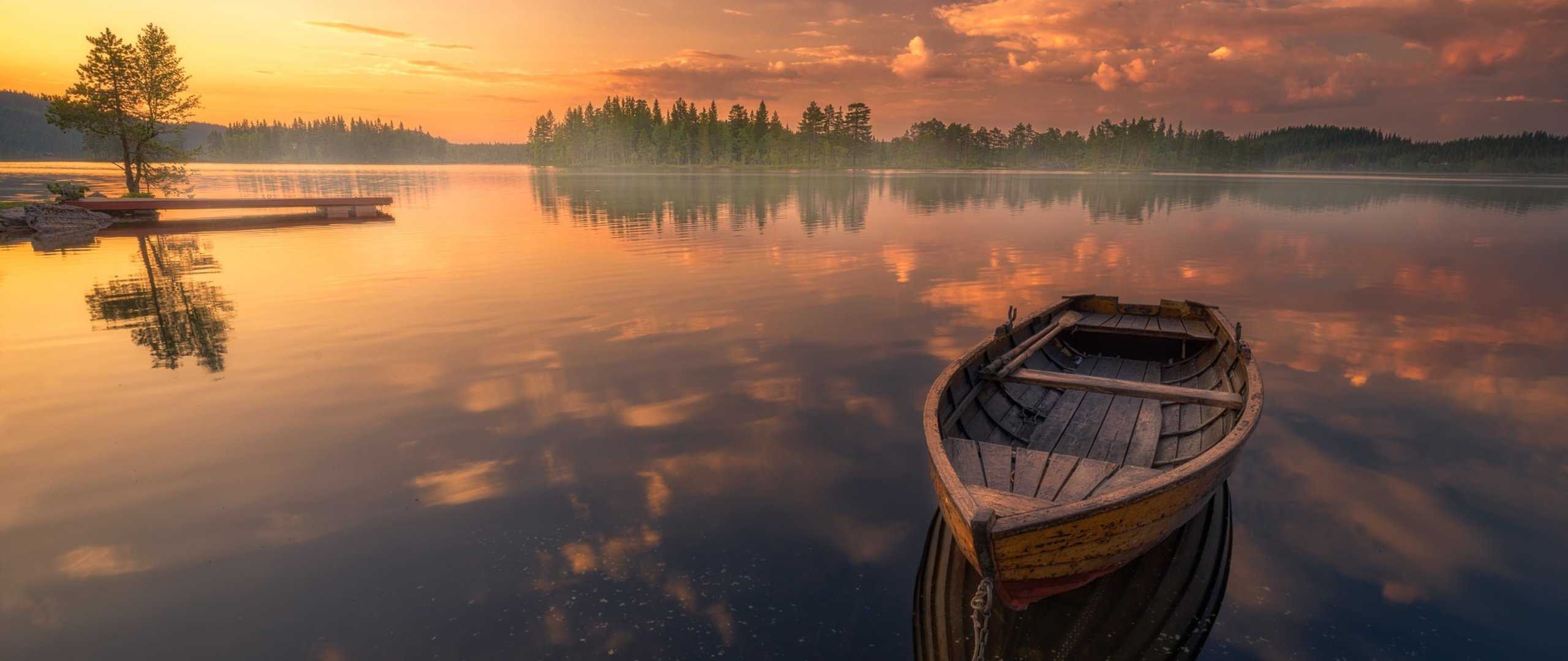 Boat in Silent Lake Nature Sunset ID 2560x1080 Wide