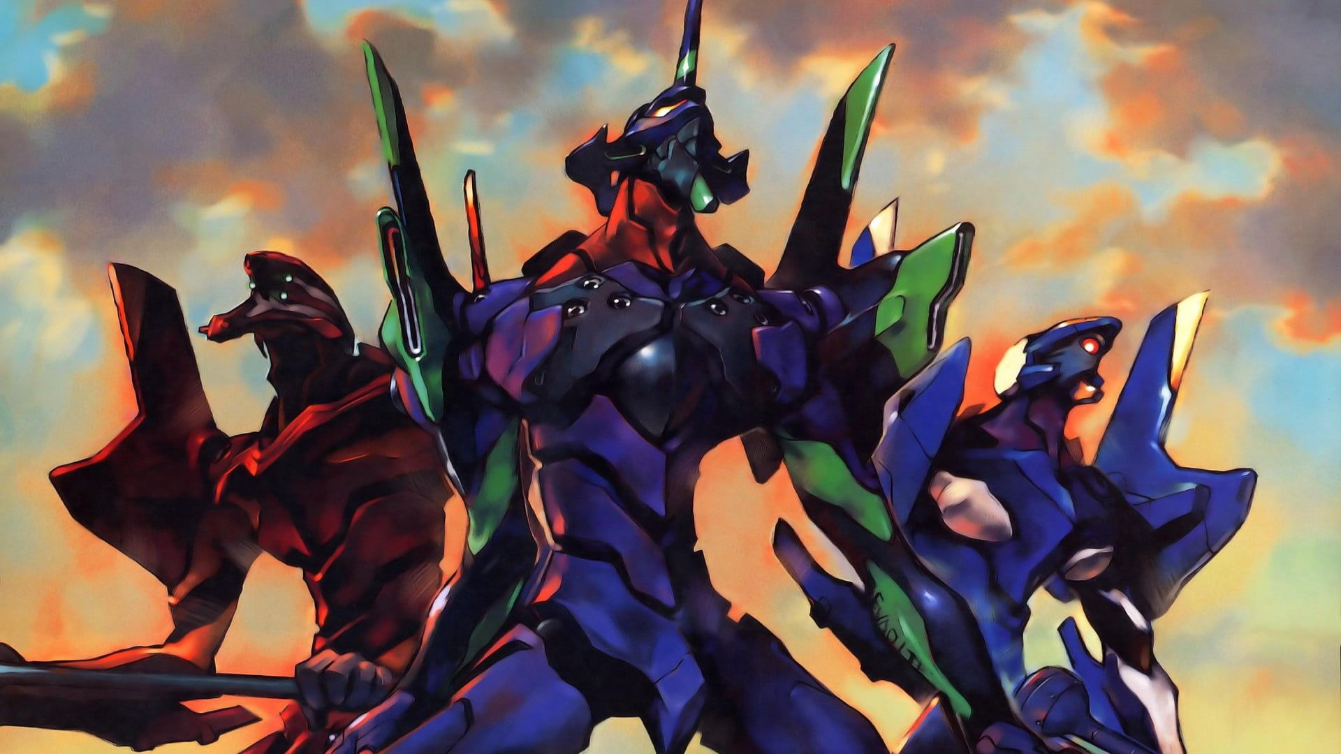 Three robot digital wallpaper, Neon Genesis Evangelion, EVA Unit 00, EVA Unit 02, EVA Unit 01 HD wallpaper