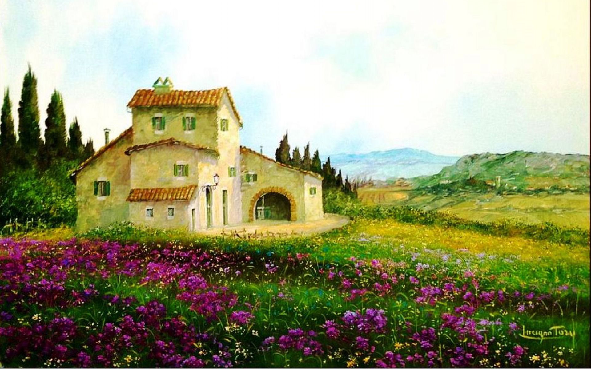 Purple Flowers Cottage Italy desktop PC and Mac wallpaper