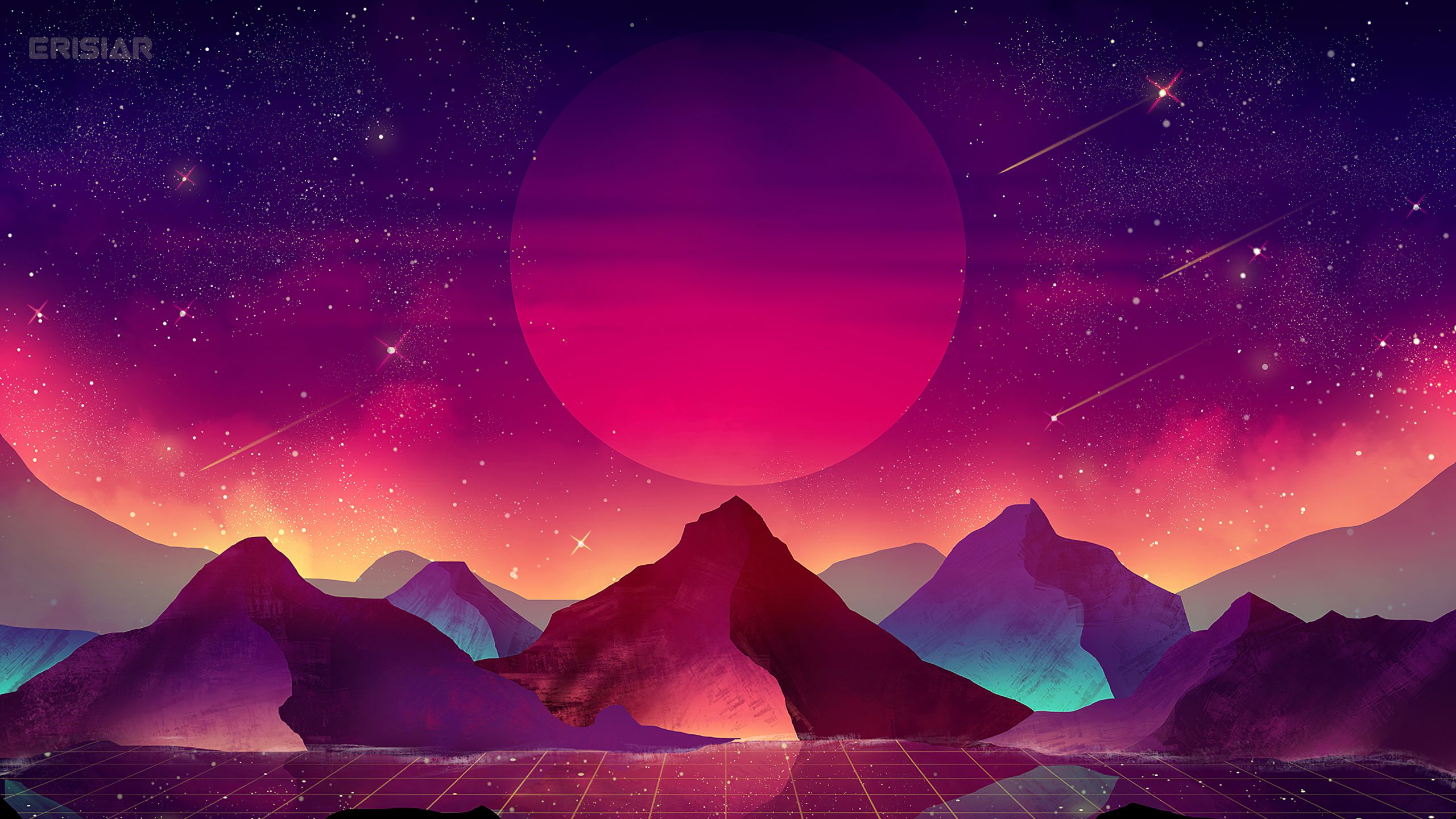 Download 2560x1440 wallpaper terrain, vaporwave, moon, mountains