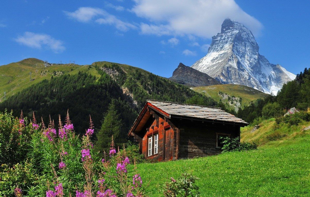 Mountain: Sky Beautiful House Slope Hills Peaks Lovely Switzerland