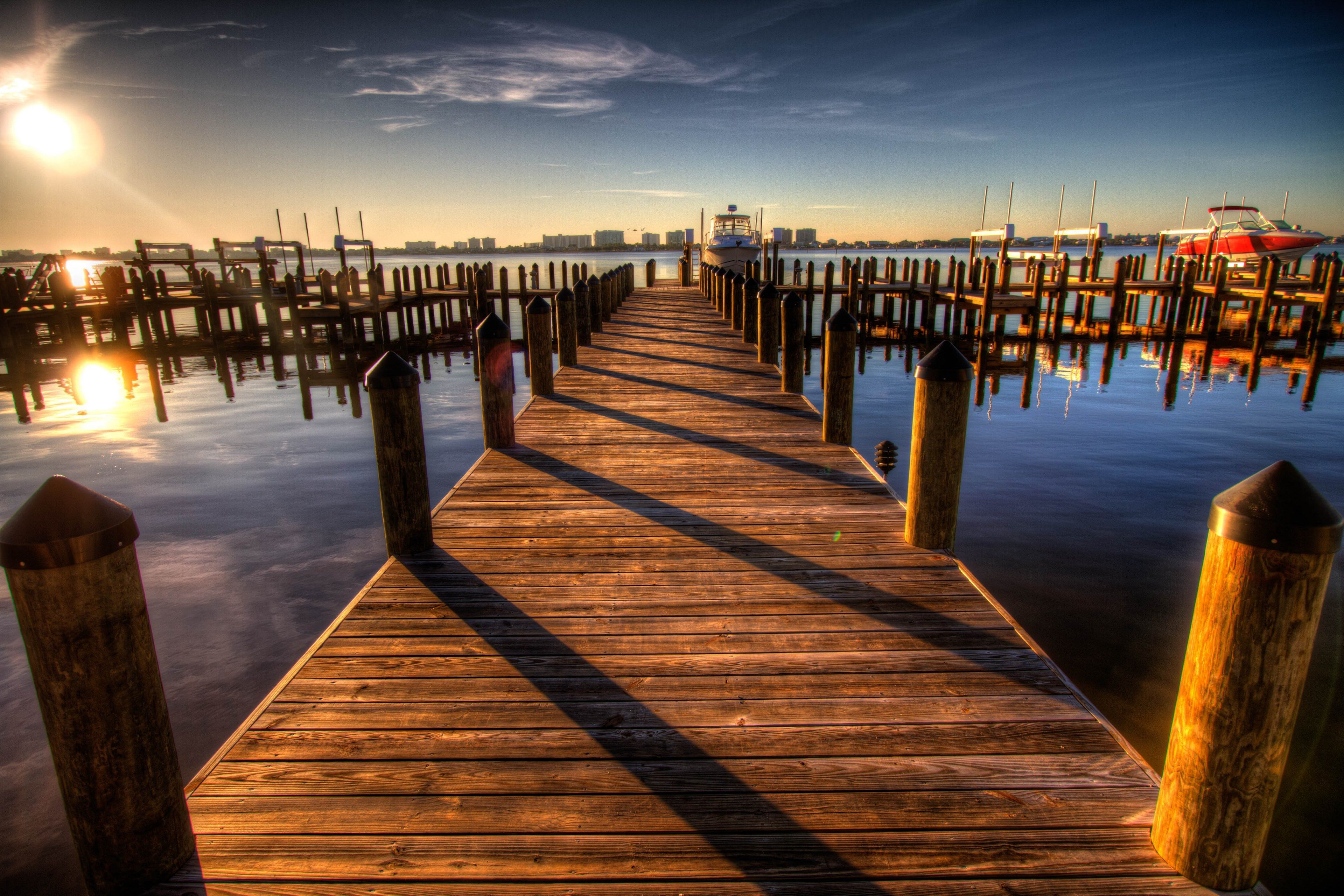 pier #harbor #walkway #sunset #seaside #sea #ocean 4k wallpaper