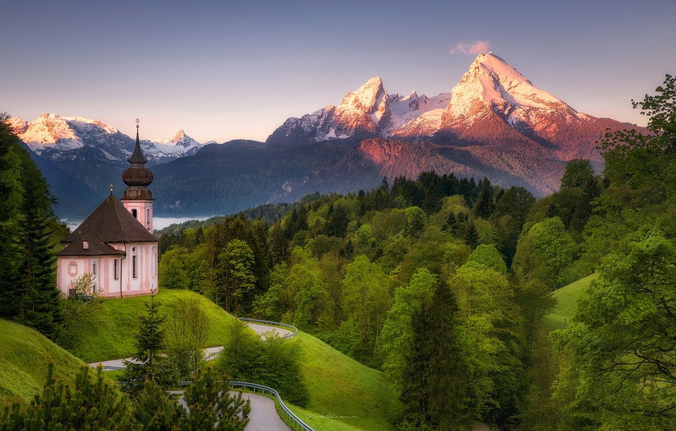 Wallpaper forest, mountains, spring, Germany, Bayern, Church