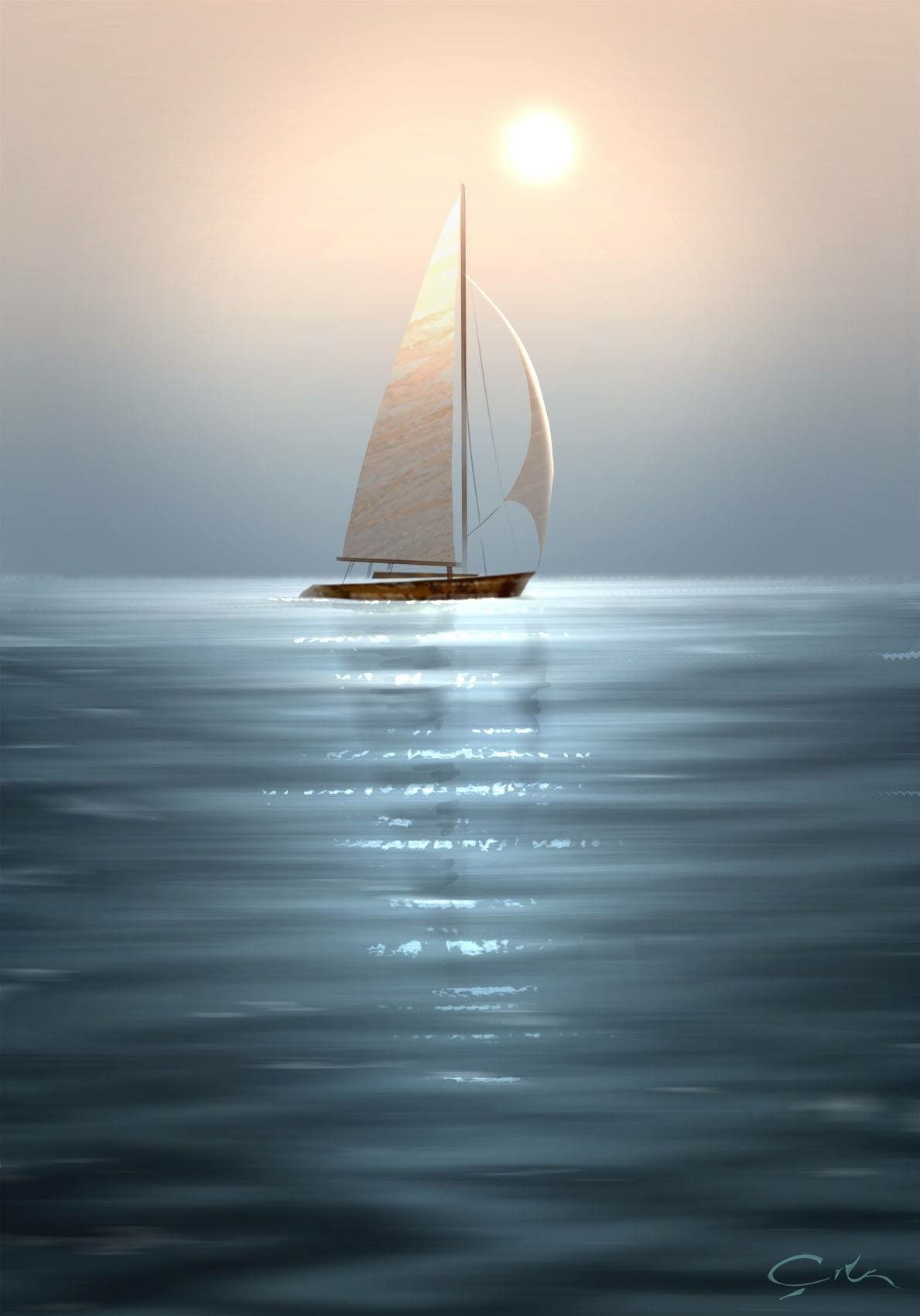 This desktop wallpaper showcases a minimalist seascape with a single  sailboat on a calm sea