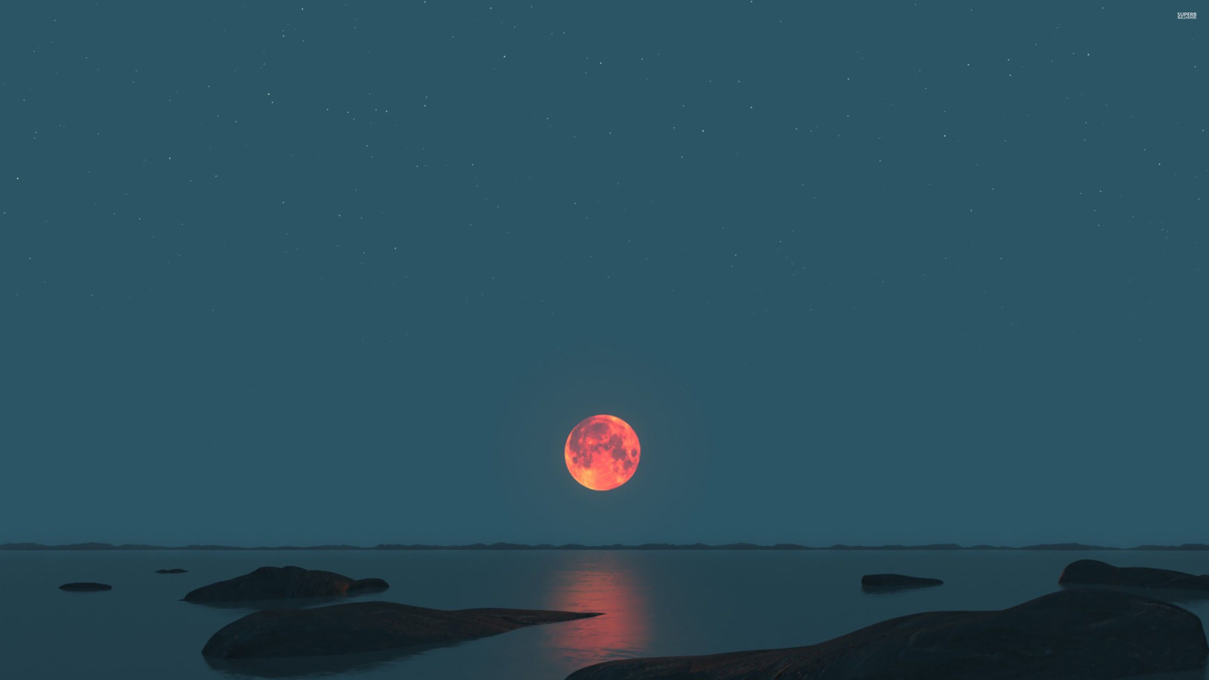 sky, #moonlight, #nature, #Red moon, #water, #sea, wallpaper