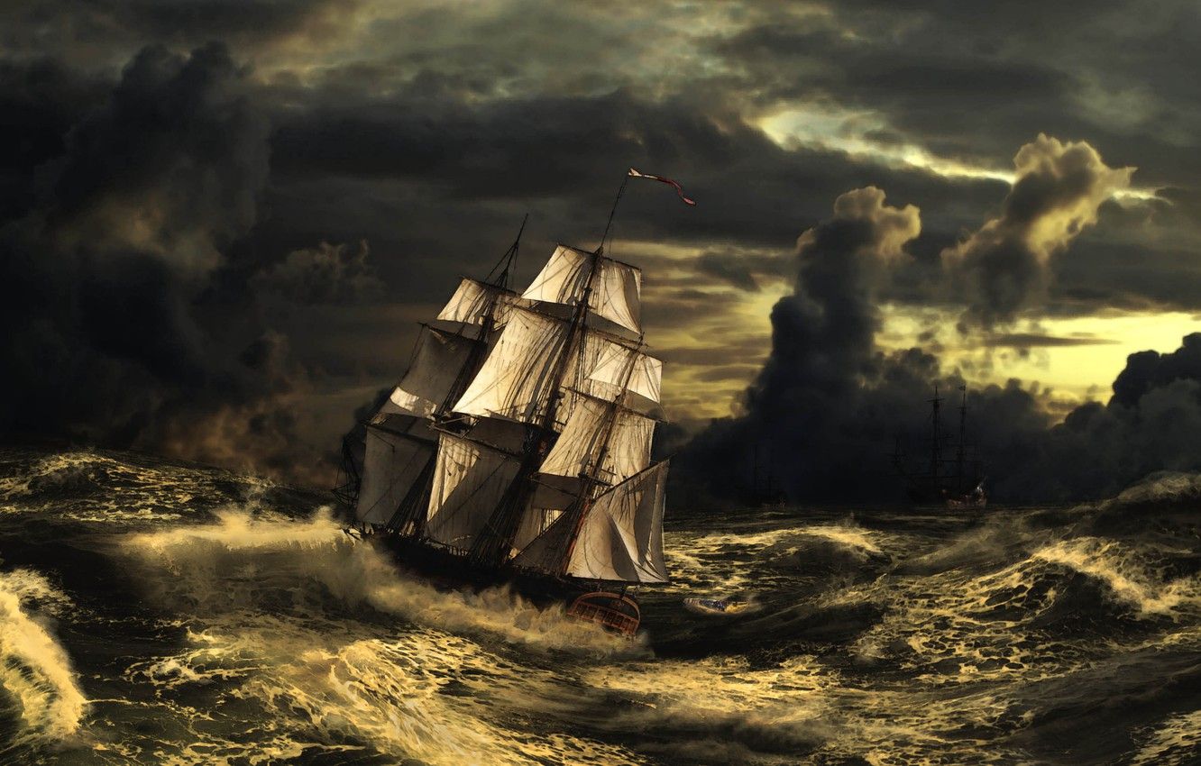 Wallpaper clouds, storm, art, sailboat, sea, figure, wave