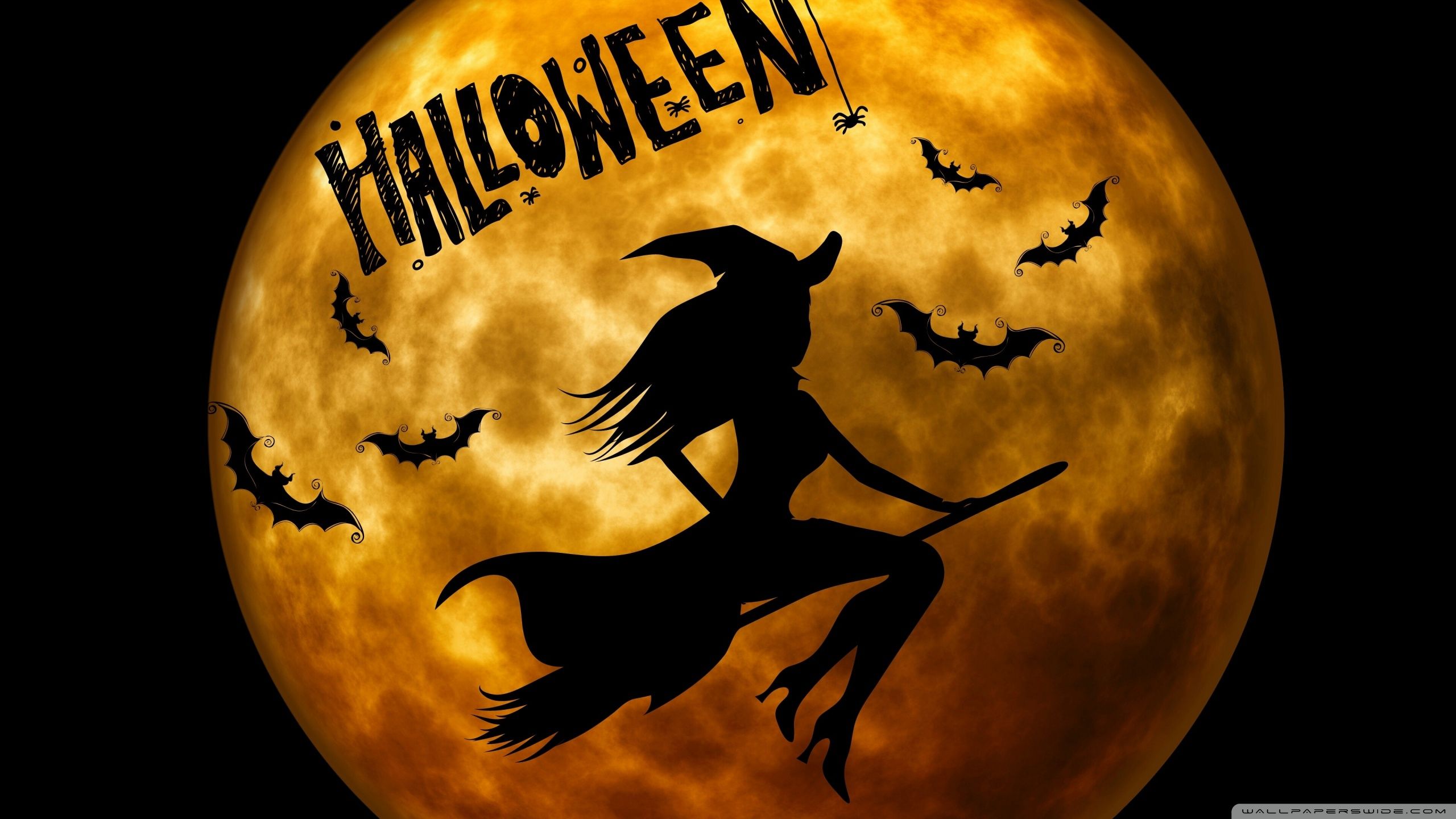 Halloween Witch on Broom Orange Ultra HD Desktop Background