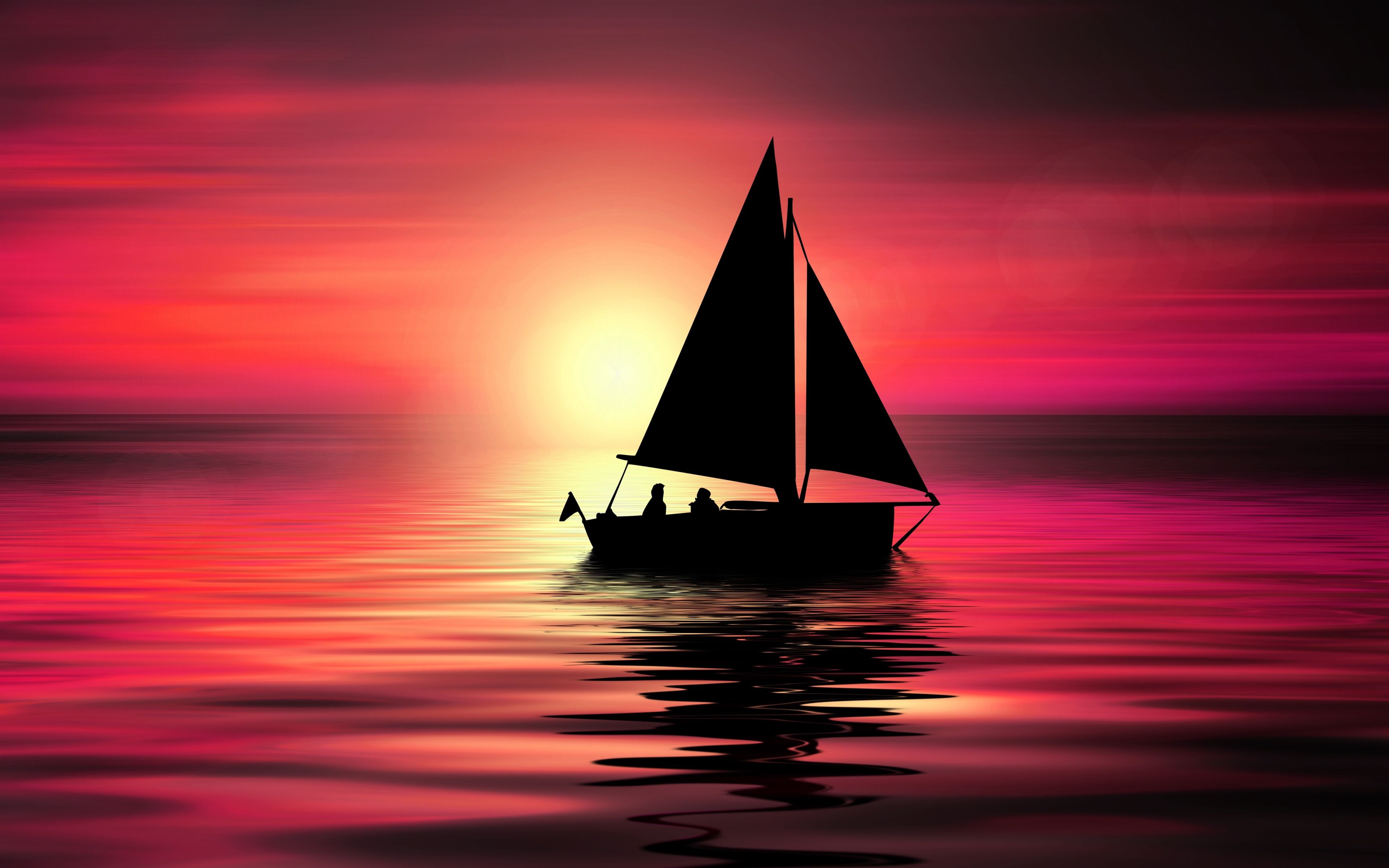 Download 3840x2400 wallpaper artwork, sailboat, sunset, silhouette