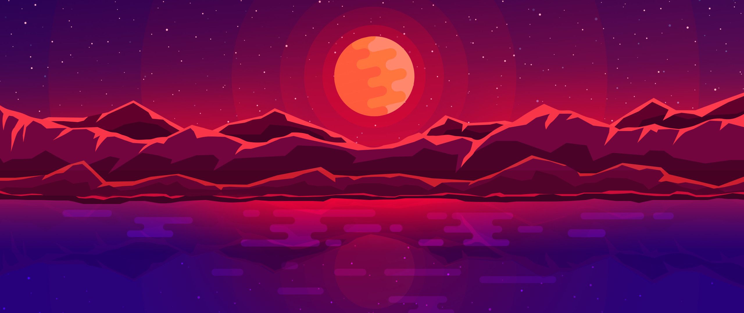 Moon Rays Red Space Sky Abstract Mountains 2560x1080