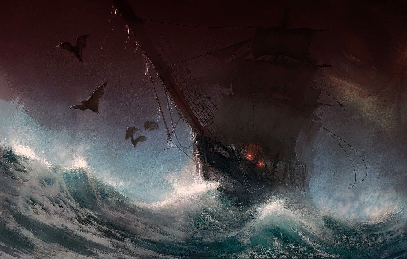 Wallpaper dark, fantasy, storm, rain, sea, art, painting, ship