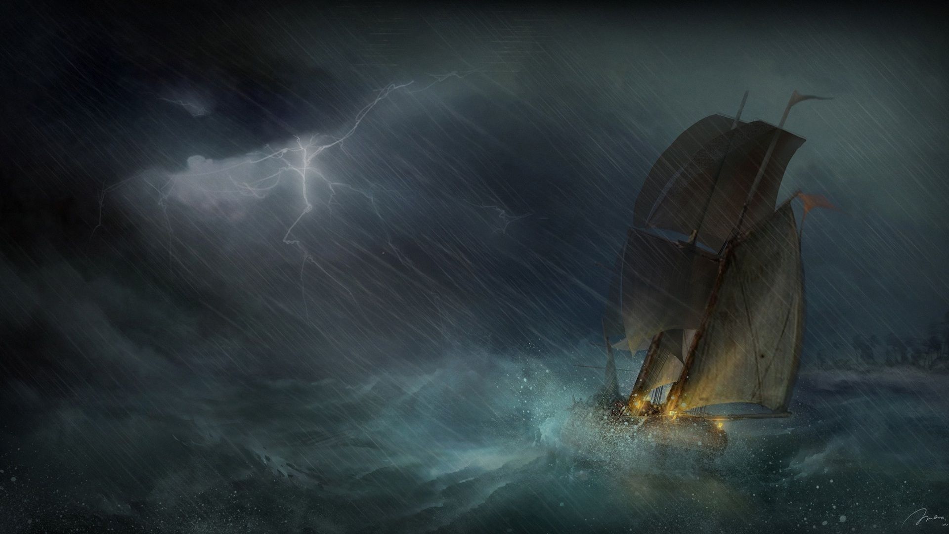 lightning, sailboat, ship, storm, sea, art desktop