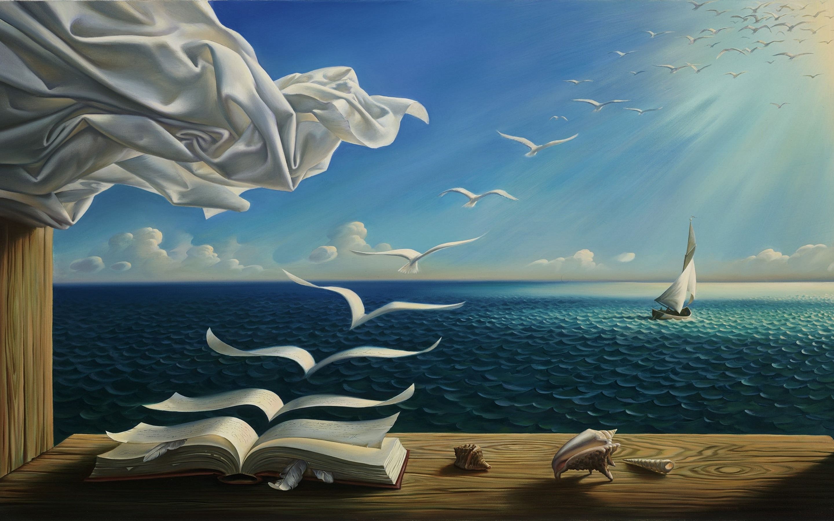 Wallpaper Book, birds, sea, sailboat, sunshine, art picture