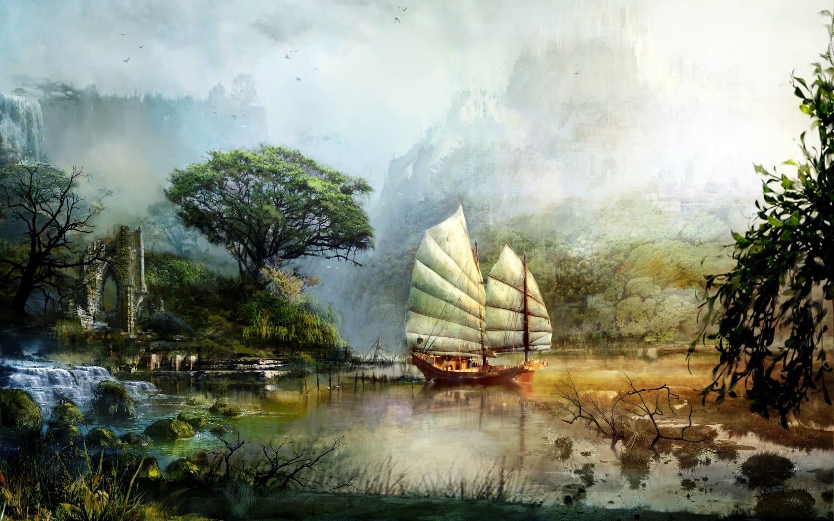 Painting of brown and white sailboat near tree, fantasy art HD