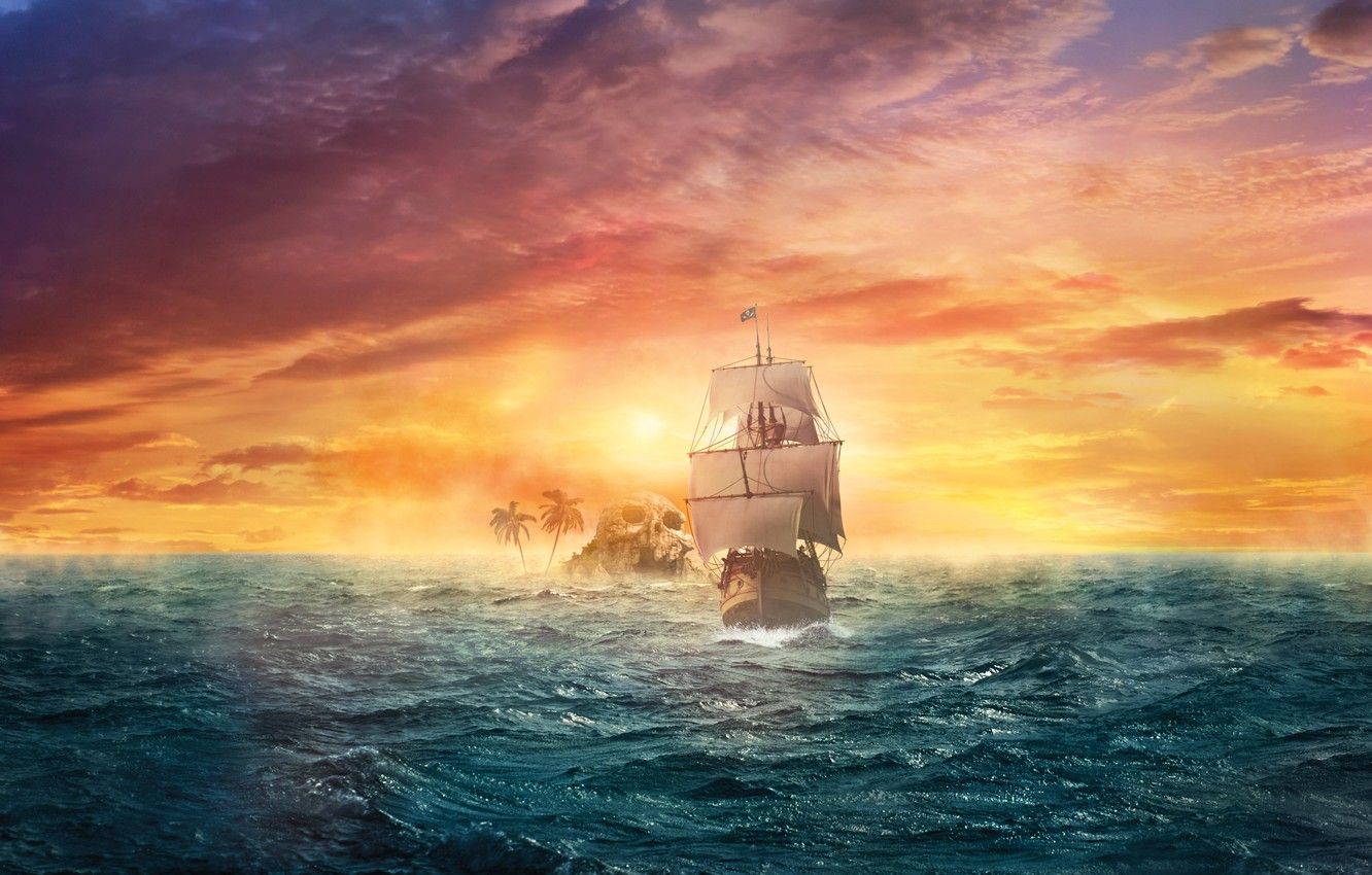 Wallpaper sea, the sky, sunset, fiction, the ocean, ship, island