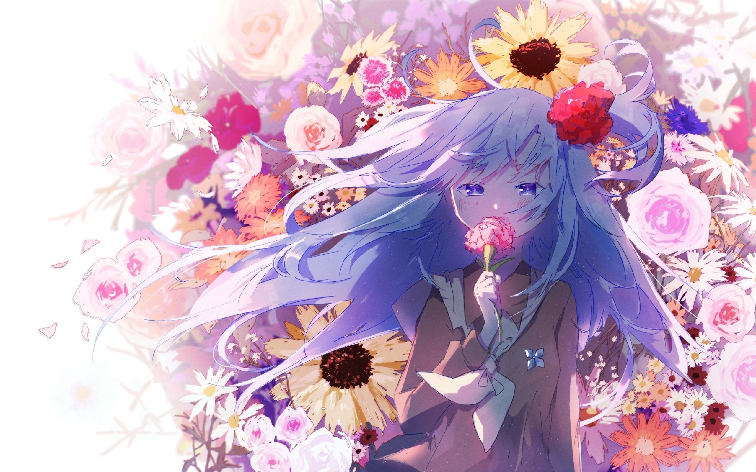 Download 2560x1600 Anime Girl, Flowers, Long Hair Wallpaper