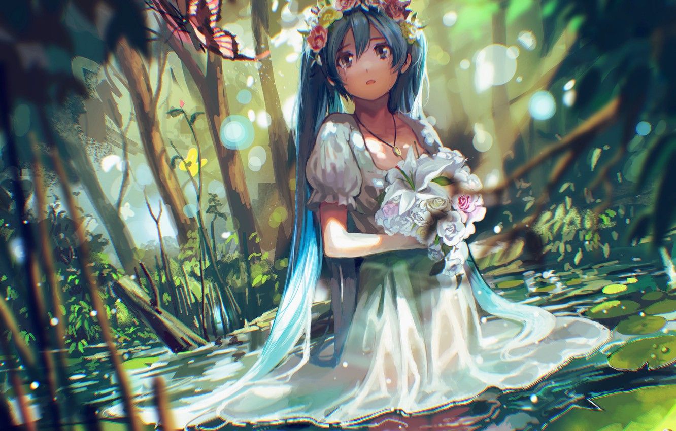 Wallpaper water, girl, flowers, nature, butterfly, bouquet, anime
