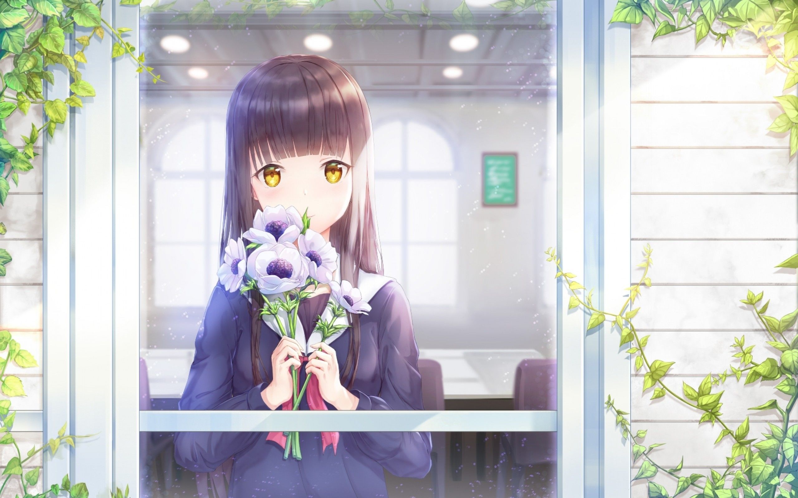 Download 2560x1600 Anime School Girl, Flowers, Window, Long Hair