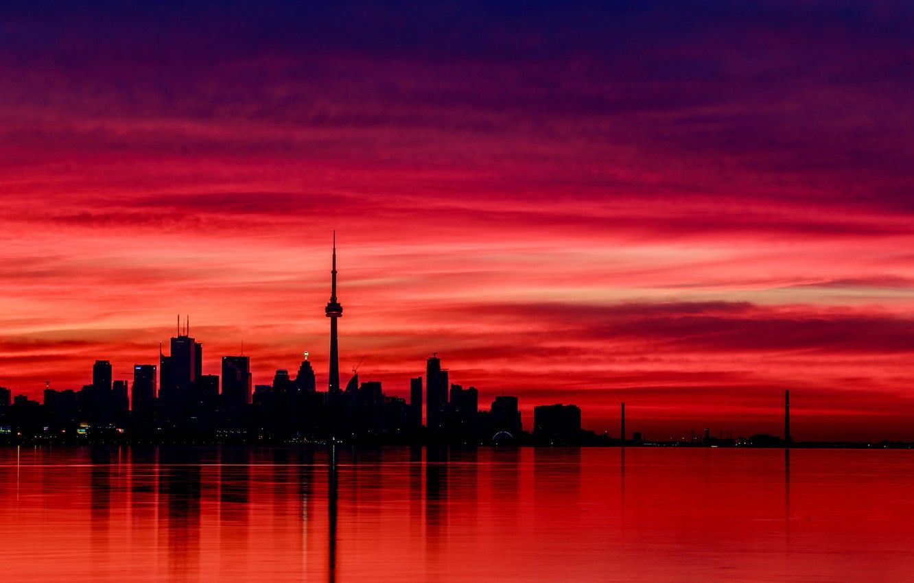 Wallpaper reflection, the evening, Canada, Canada, evening, Toronto, reflection, red sky, red sky, Toronto night, at night, CN tower, CN tower image for desktop, section город