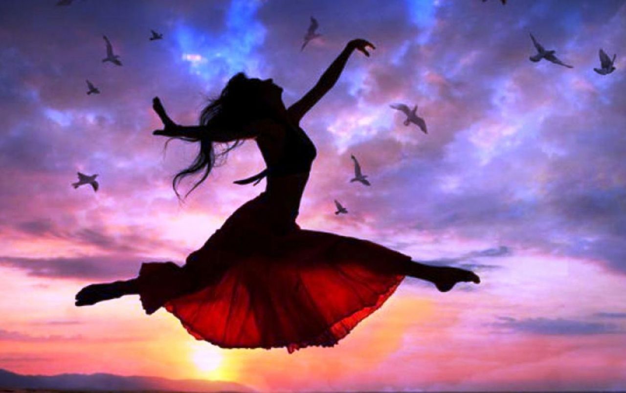 Woman Free Flying Sunset Birds Wallpaper Wallpaper